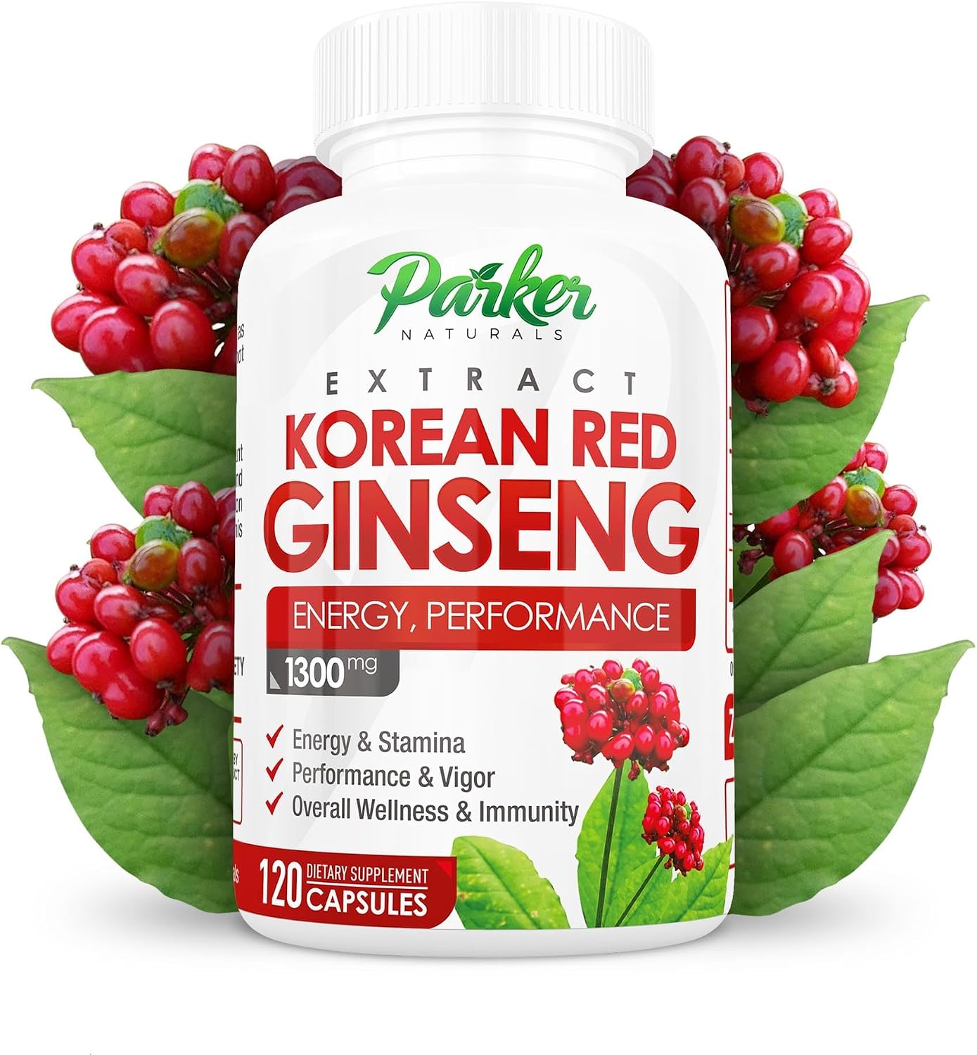 Korean Red Ginseng Extract, 1300mg Extract with Ginger Root and Black Pepper, 20% Ginsenosides Red Panax Ginseng Supplement, 120 Caps