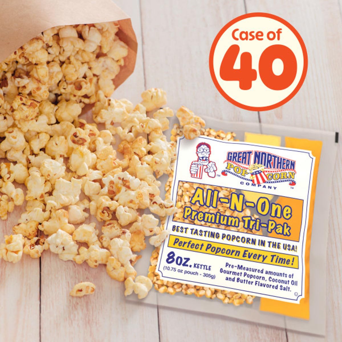 Movie Theater Style 40-Count Popcorn Packs - Pre-Measured 8-Ounce All-in-One Kernel, Salt, Oil Packets for Popping Machines by Great Northern Popcorn | All-in-One Pre-Measured Kernels, Butter Flavored Salt, and Coconut Oil Packets for 8oz Kettle - Movie…