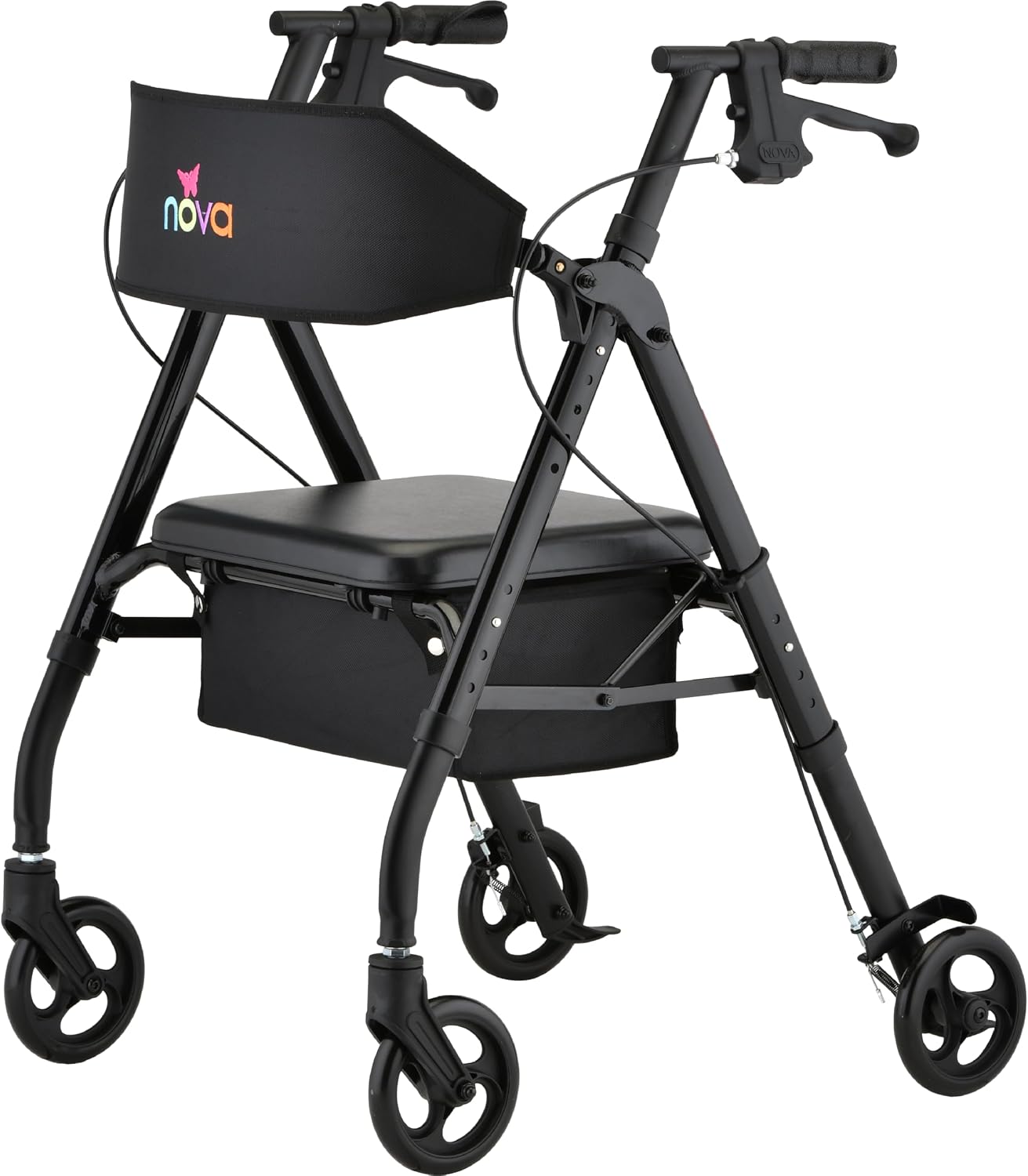 NOVA Star 6 Foldable Rollator Walker for Seniors, Wide Padded Backrest with Seat, 6” All-Terrain Wheels, Easy-Grip Locking Hand Brakes, Height Adjustable, Blue