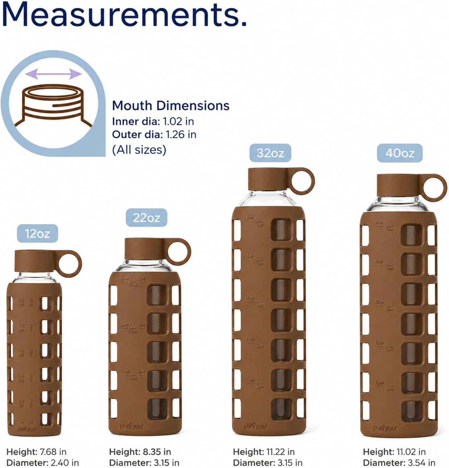 purifyou 40oz / 32oz / 22oz / 12oz Borosilicate Glass Water Bottle with Time & Volume Markers, Silicone Sleeve