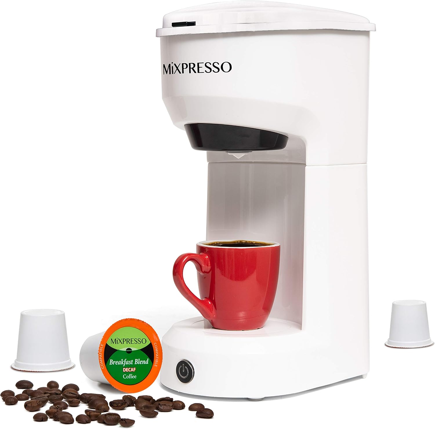 Mixpresso Single Serve Coffee Maker K Cup Coffee Maker for K Pods & Grounds | Compact 800W White Coffee Machine with 14 Oz Water Tank, Fast Brew & Auto Shut-Off, Small Design for Travel RV, Office& Dorm