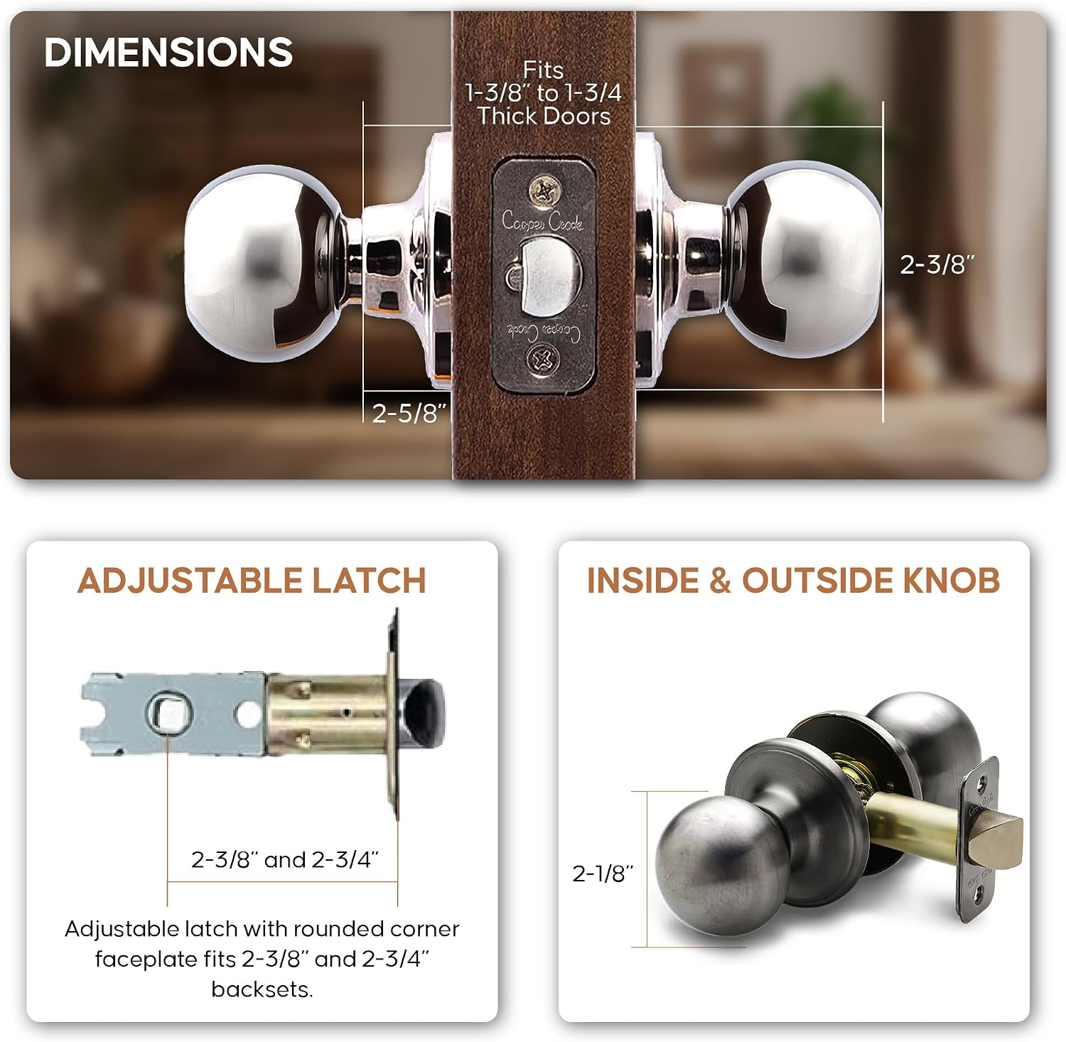 Copper Creek Privacy Interior Door Knob – ANSI Grade-3 Certified, Modern Heavy Duty Handle, Easy Install and Reversible for Bedroom, Bathroom & Closets – Satin Stainless (1 Pack)
