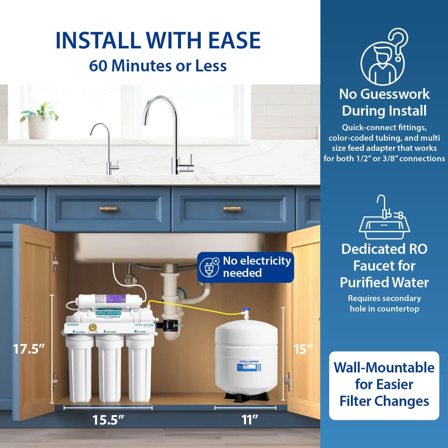 APEC Water ROES-50, 5-Stage Under Sink Reverse Osmosis System, 50 GPD | NSF Certified 372 & 58, Reduces 99% of Impurities, DIY Installation