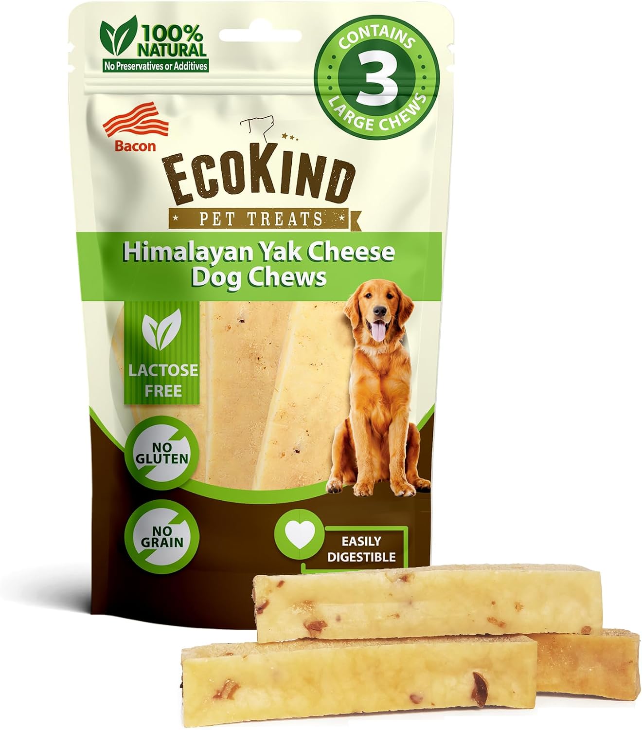 EcoKind Yak Cheese Himalayan Dog Chews, Yak Chews for Large Dogs, 4-5 Bones | 1 Lb, Long Lasting for Aggressive Chewers, Only 3 Ingredient Natural High Protein Dental Dog Treats, No Additives or Lactose