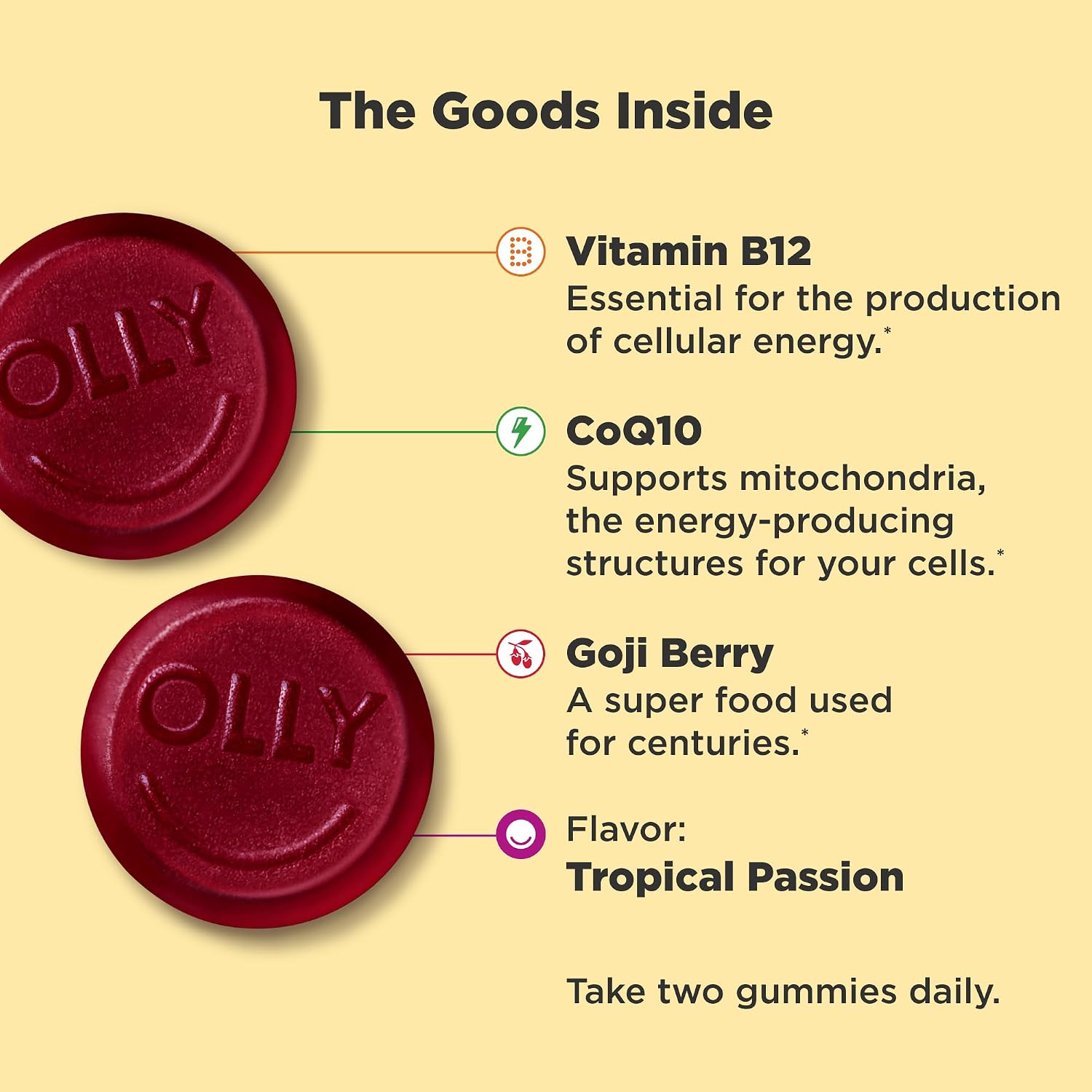 OLLY Daily Energy Gummy,Vitamin B12, CoQ10, Goji Berry - 60 Count