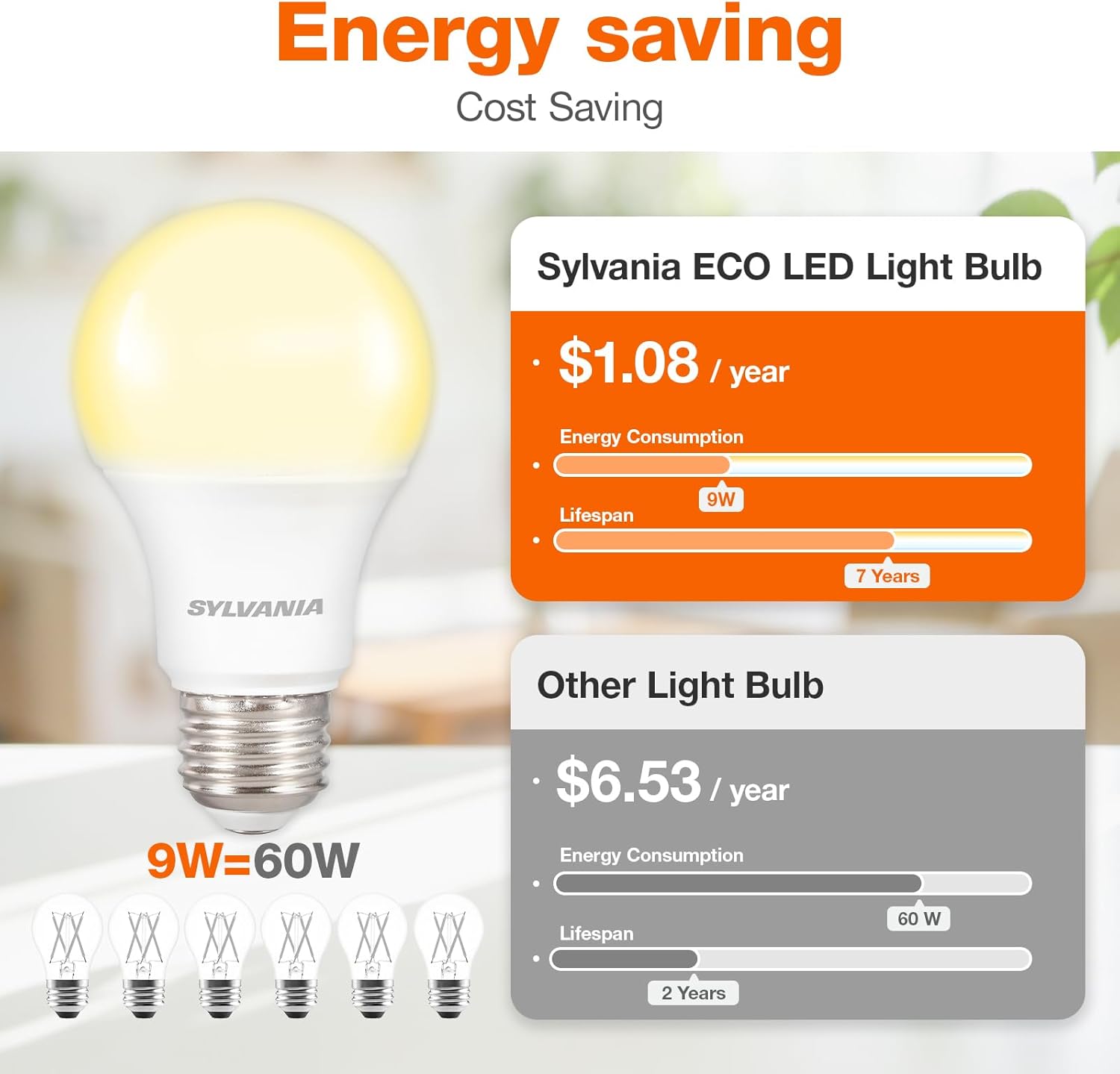 Sylvania ECO LED Light Bulb, A19, 100W Equivalent, Efficient 14.5W, 7 Year, 1450 Lumens, Frosted, 5000K, Daylight - 6 Pack (40884)