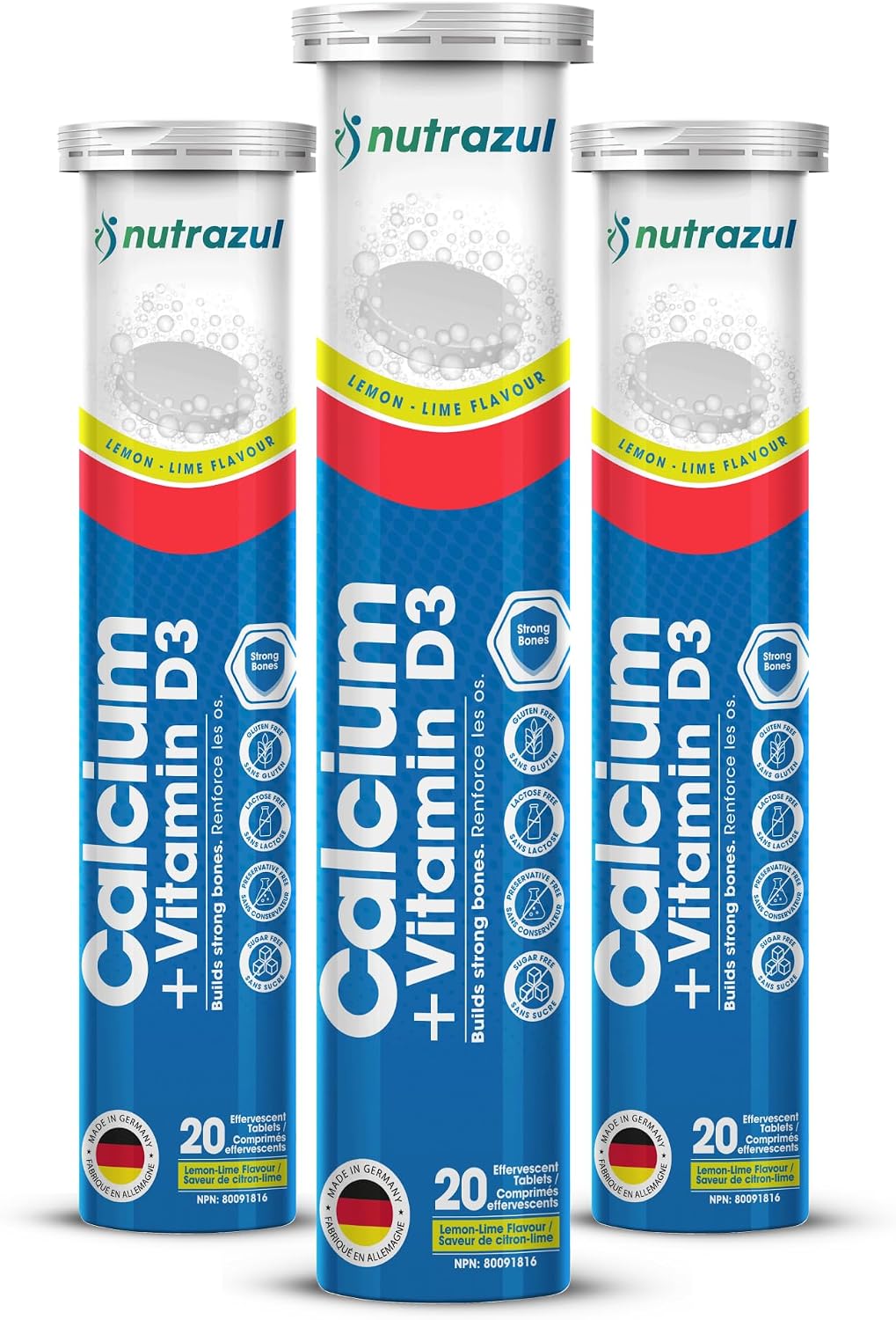Nutrazul Calcium + Vitamin D3 Effervescent Tablets, for Bone Health Maintenance, 500 mg Calcium and 2.5 mcg Vitamin D3