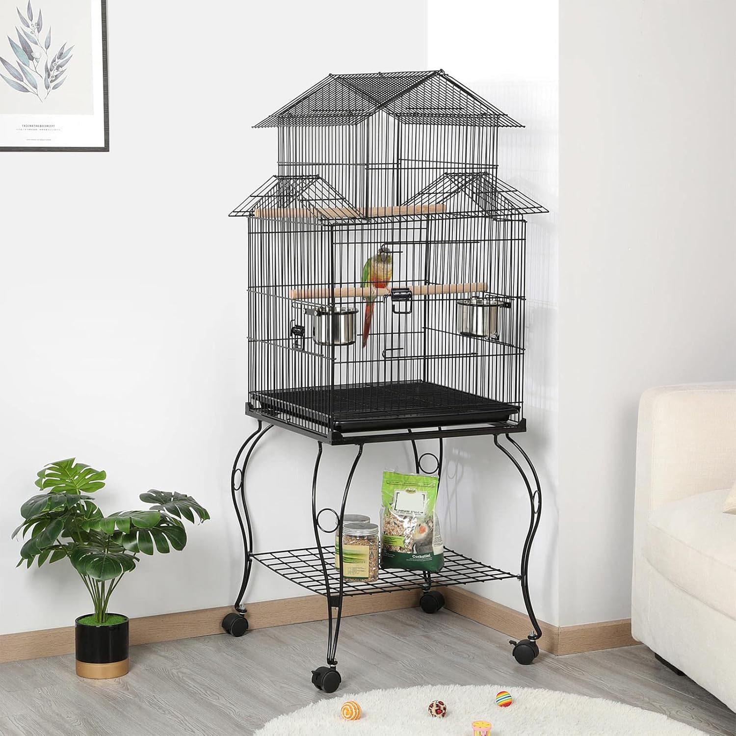 Yaheetech 55" Triple Roof Bird Cage with Rolling Stand & Storage, for Cockatiels, Quakers, Indian Ringnecks, Conures & Small to Medium Parrots