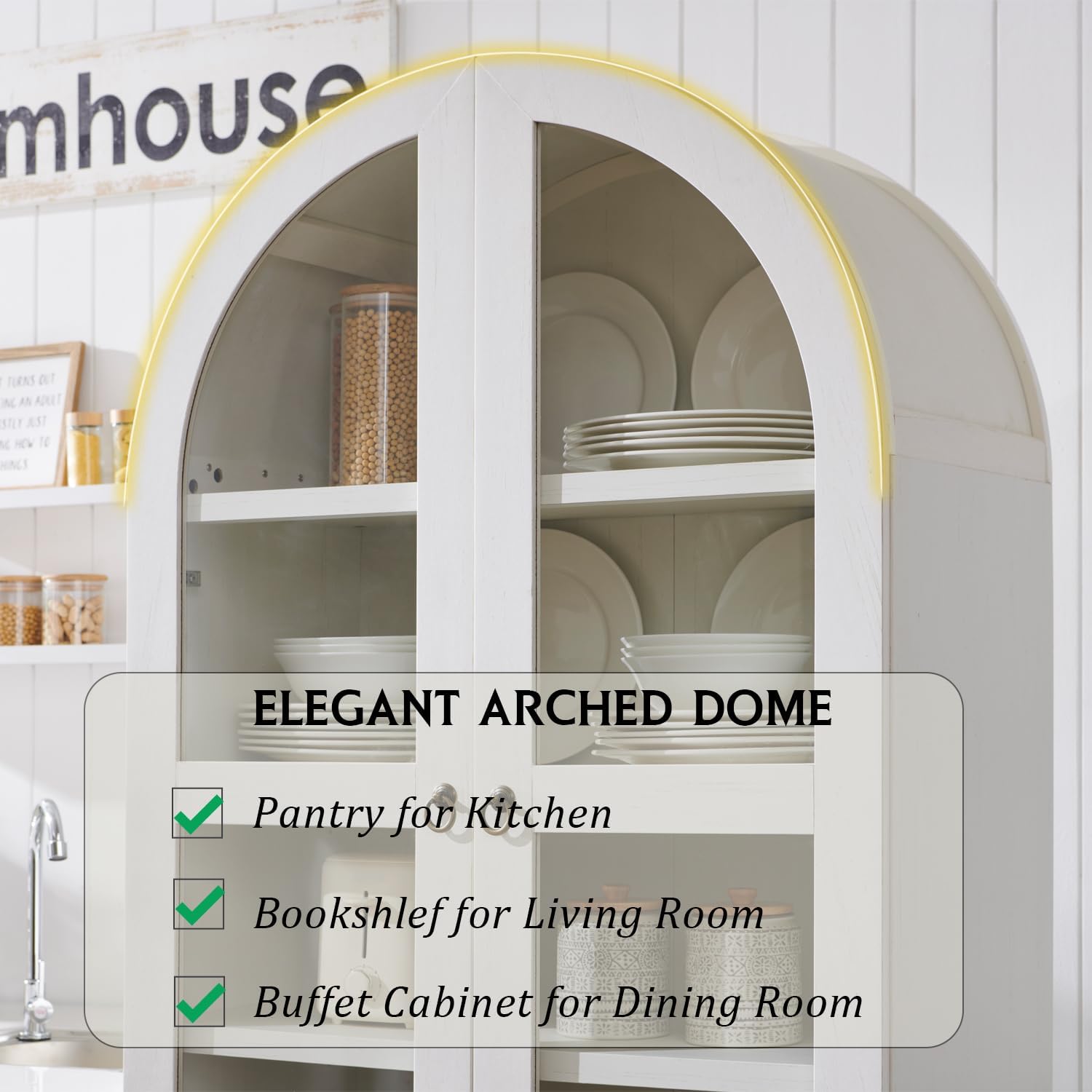 IFGET 71" Tall Arched Kitchen Pantry, Modern Farmhouse Wood Kitchens Storage Cabinets with 2 Large Drawers and Adjustable Shelves, Versatile Cupboard for Kitchen, Dining Room, Bathroom, Natrual