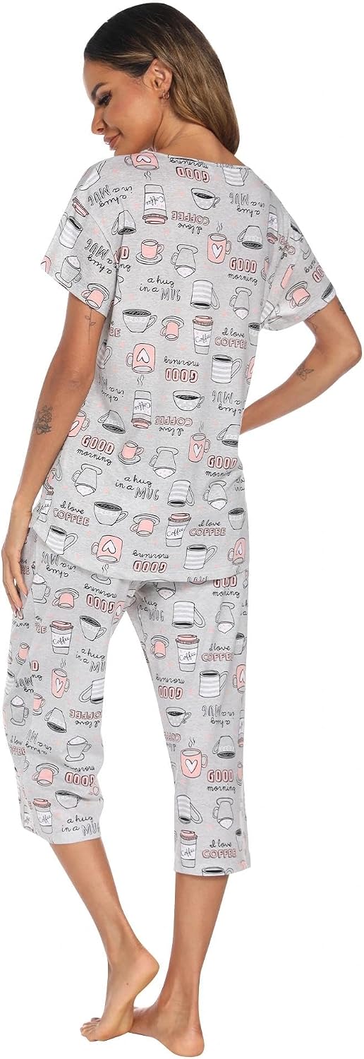 ENJOYNIGHT Womens Pajama Set Cotton Short Sleeve Top With Capri Pants Pj