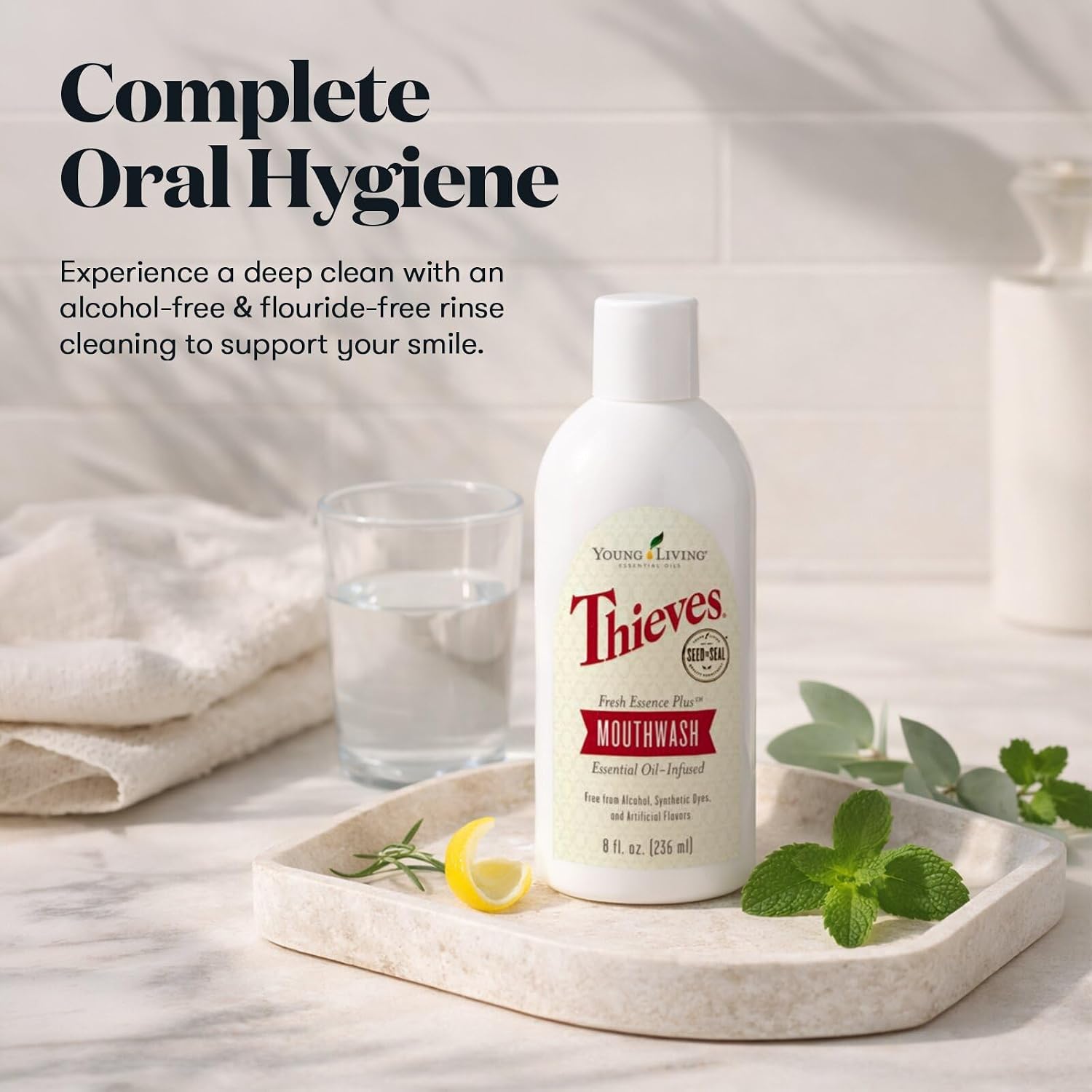 Young Living Thieves Fresh Essence Plus Mouthwash | 8 fl oz | Alcohol-Free and Fluoride-Free | Enhanced with Essential Oils | Peppermint, Rosemary