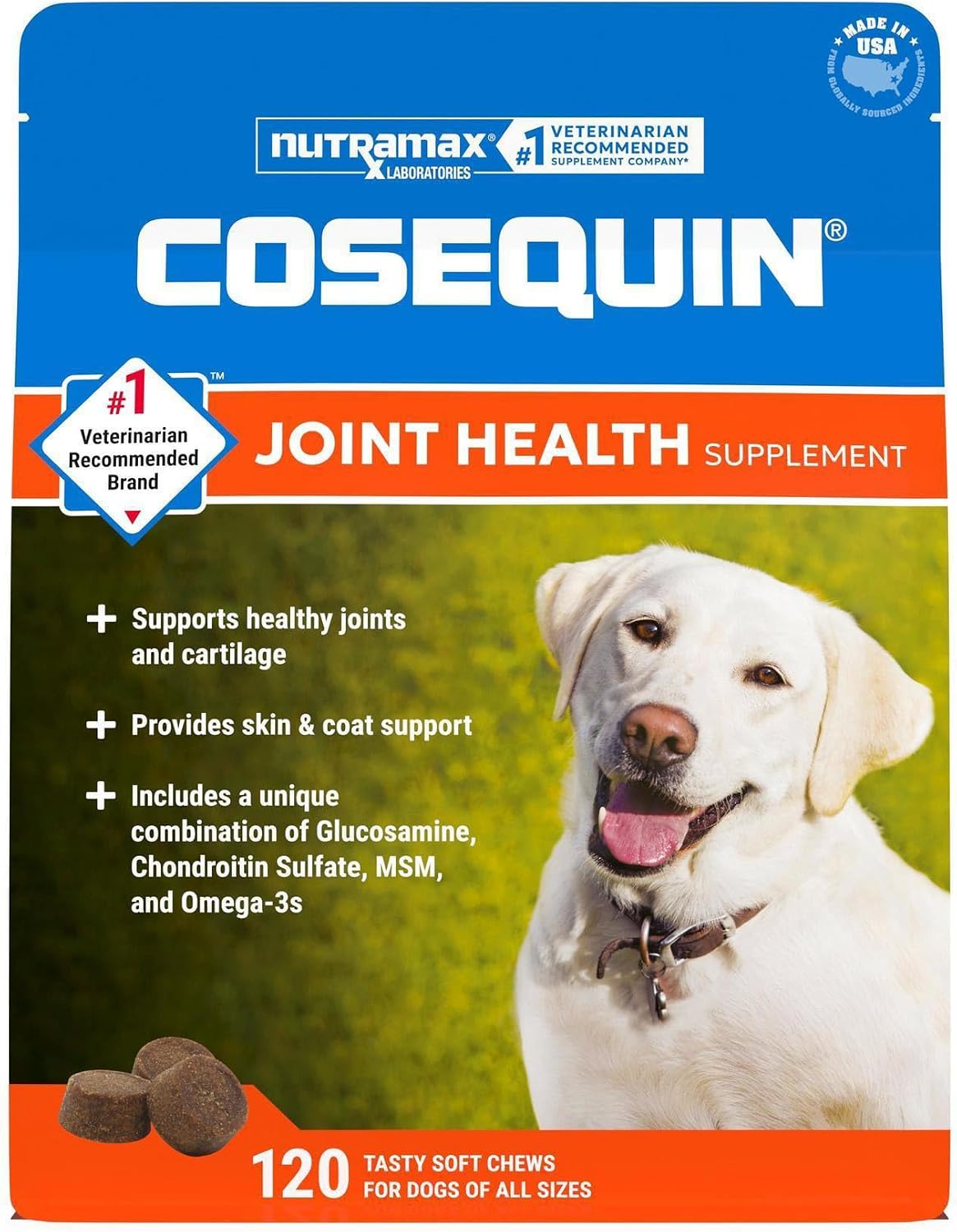 Nutramax Cosequin Joint Supplement for Dogs, Skin & Coat, Soft Chews, 120ct | Glucosamine & Chondroitin for Dogs with MSM, Omega-3s, Supports Joints