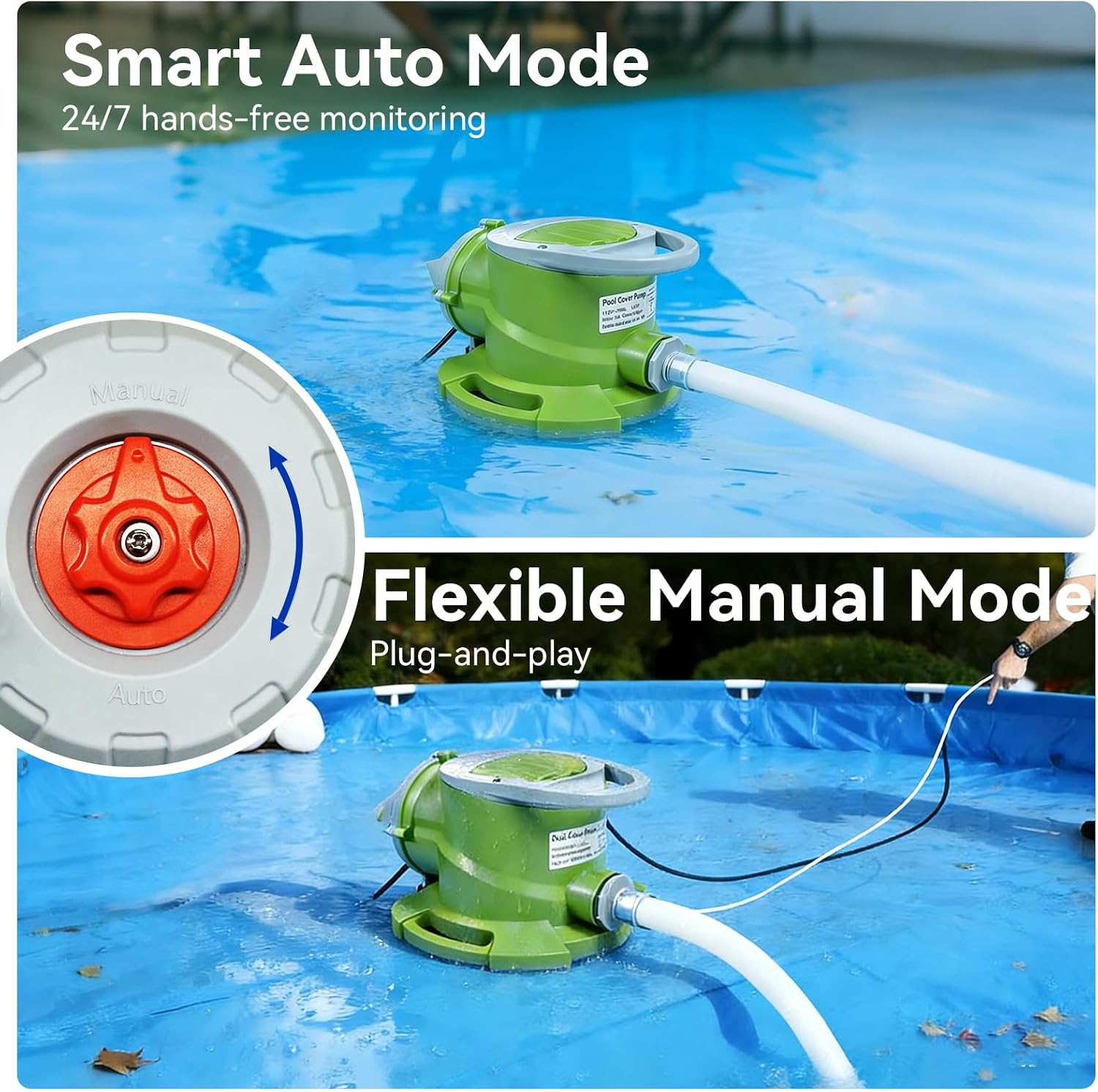 1/4 HP Automatic Swimming Pool Cover Pump, Submersible Sump Pump | 1800 GPH 25FT Head Submersible Sump Pump with 3/4” Check Valve Adapter