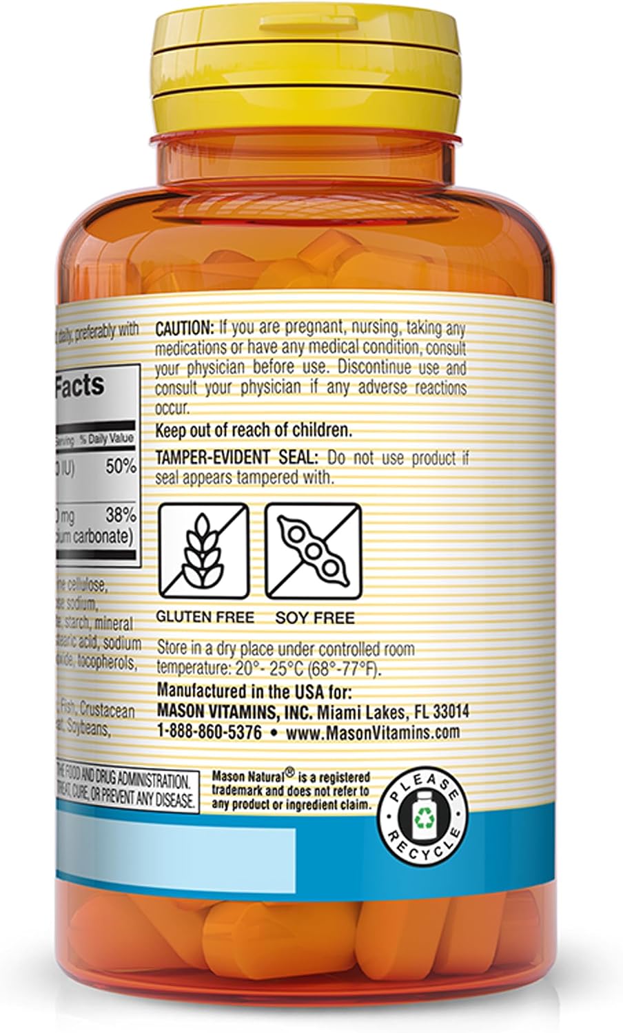 MASON NATURAL Calcium 500 mg (Oyster Shell) with Vitamin D3 to Support Normal Bone and Muscle Function, 250 Tablets