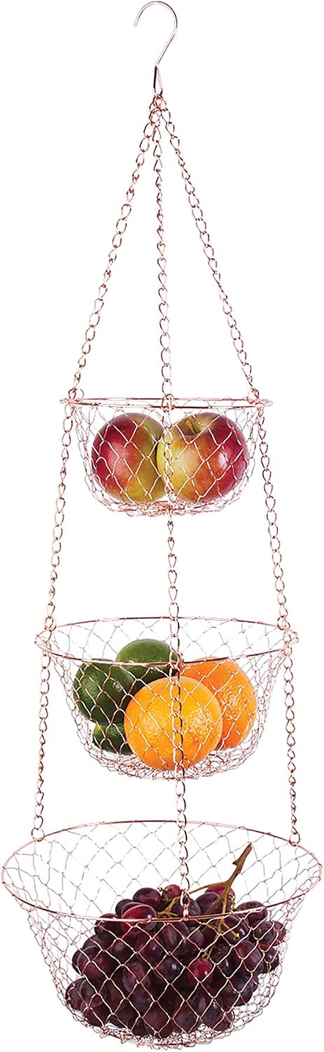 Fox Run 3-Tier Copper Kitchen Hanging Fruit Baskets For Kitchen, 32 Inches | Easily Store & Display Fruit & Vegetables | 3 Tiers Of Baskets For Organization | Beautiful Copper Hanging Kitchen Baskets
