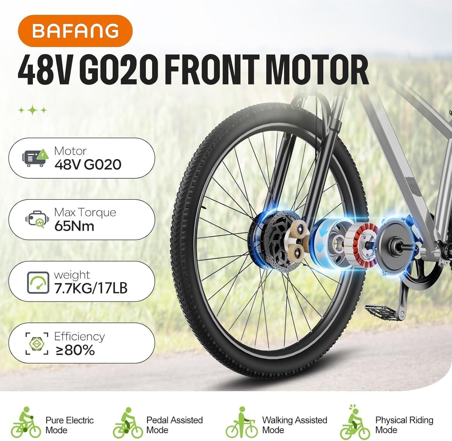BAFANG G020 48V 500W Front Wheel Ebike Conversion Kit 20" 26" 700C 28" 29" | Max Torque 65N.m | Top Speed 25mph | Fit for 97-103mm Front Dropout