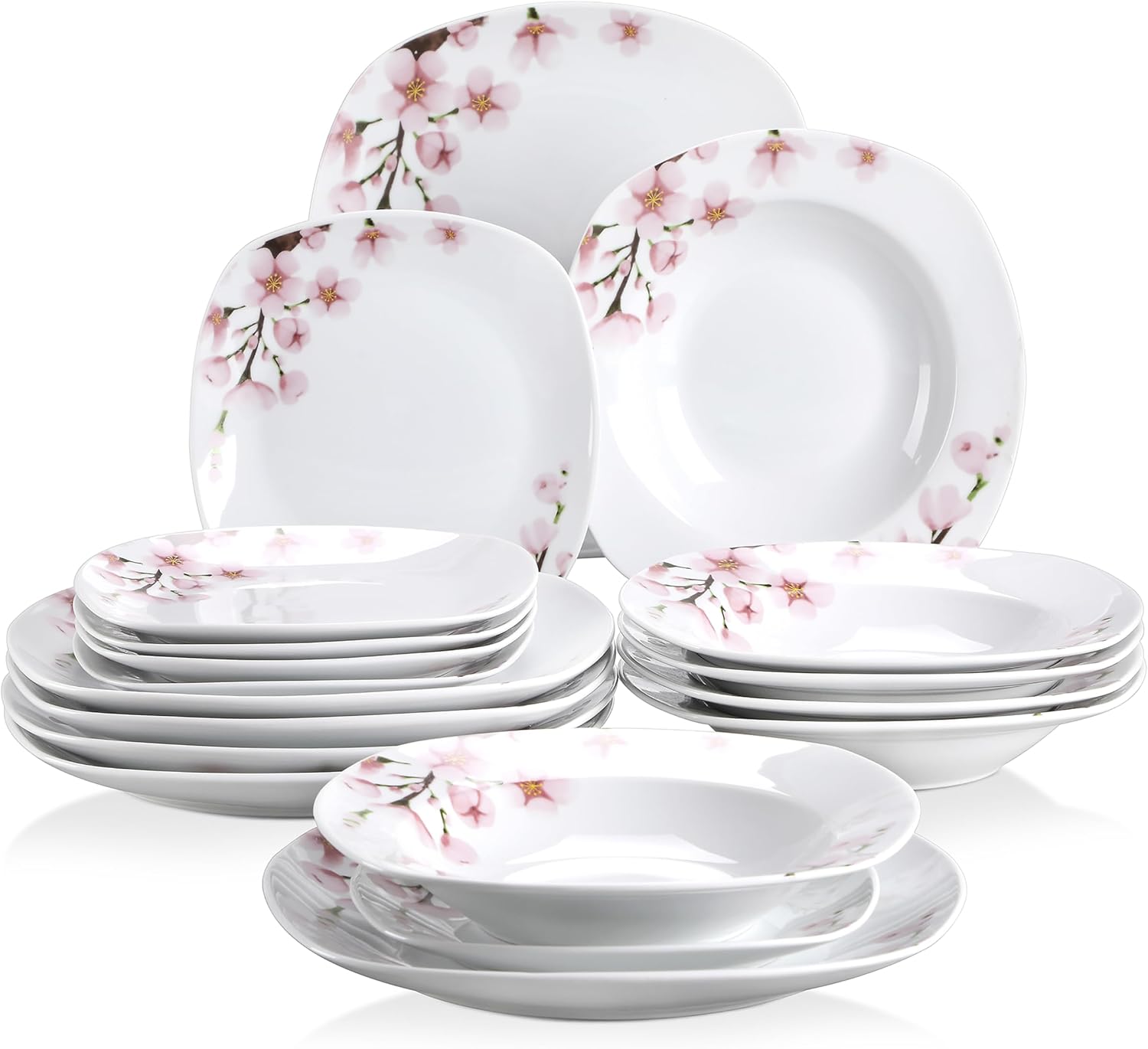 VEWEET 30 PCS Ceramic Dinnerware Sets for 6, Pink Floral Dish Set, ANNIE | Porcelain Dinner Set Including Dessert Plates, Soup Plates, Dinner Plates, Cups & Saucers, Microwave & Dishwasher Safe