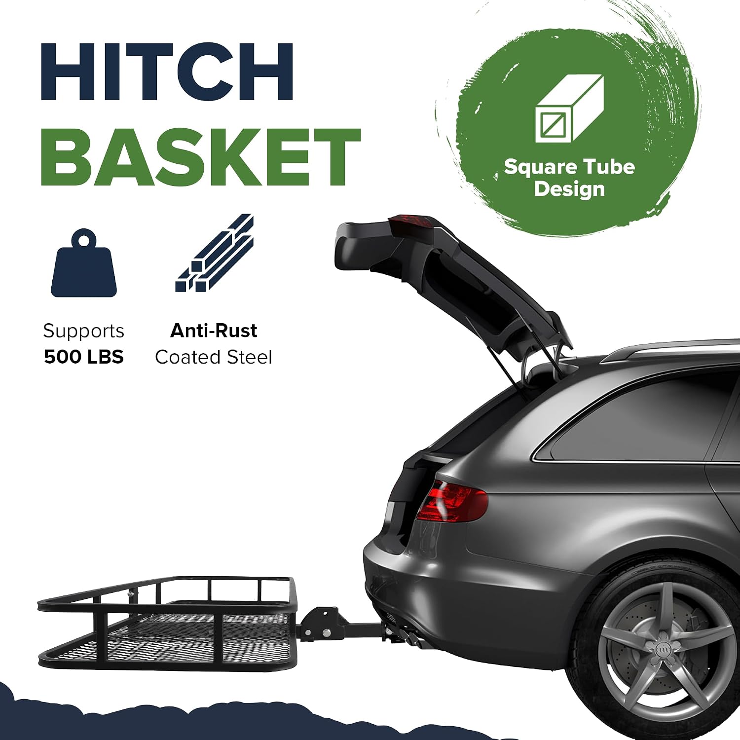 60" x 23" x 5.5" Folding Hitch Cargo Carrier Basket, 500 Lbs Heavy Duty Rear Trailer Hitch Cargo Rack Fits 2" Receiver for SUV, Truck & Van, Ideal for Camping & Travel