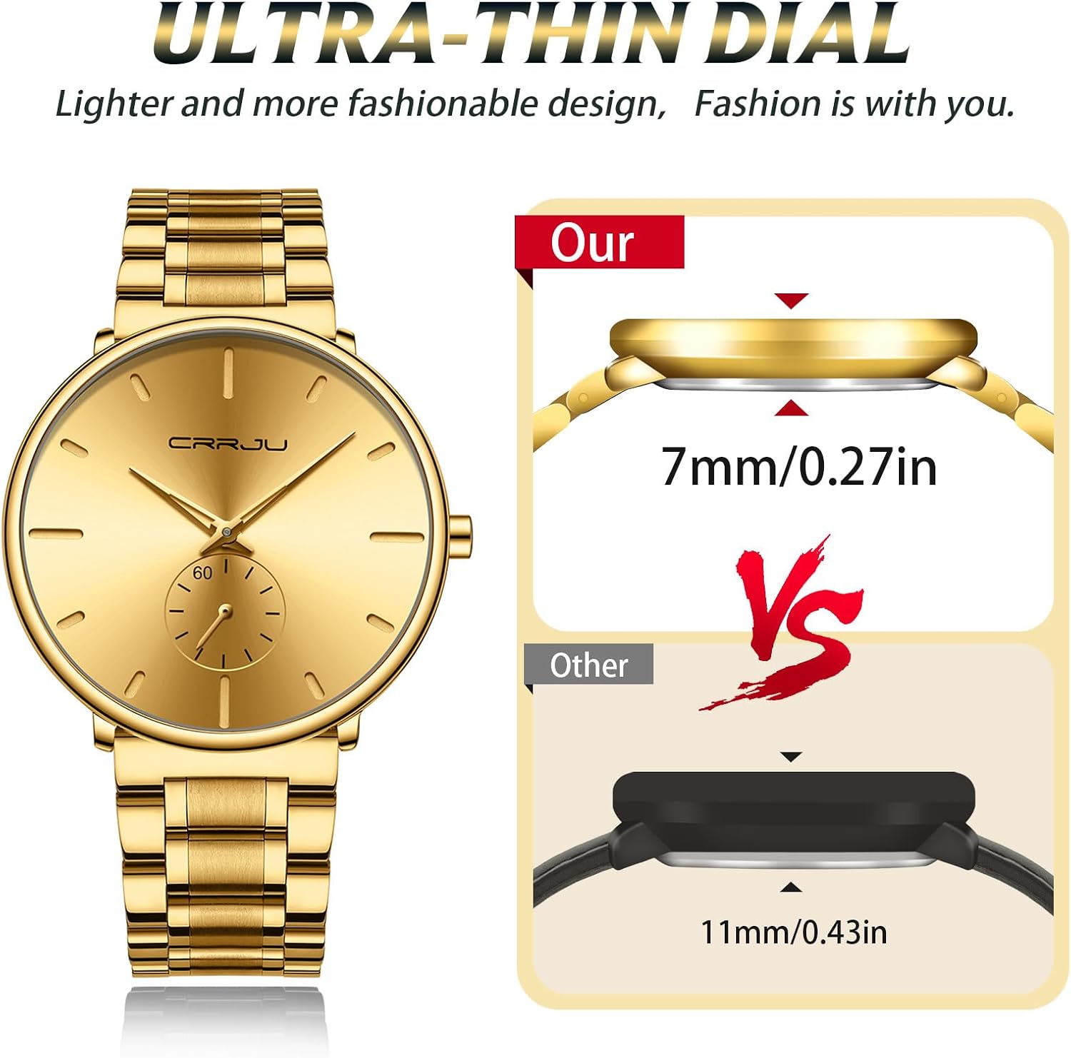 Mens Watches Ultra-Thin Minimalist Waterproof-Fashion Wrist Watch for Men Unisex Dress with Stainless Steel Band-Black Hands