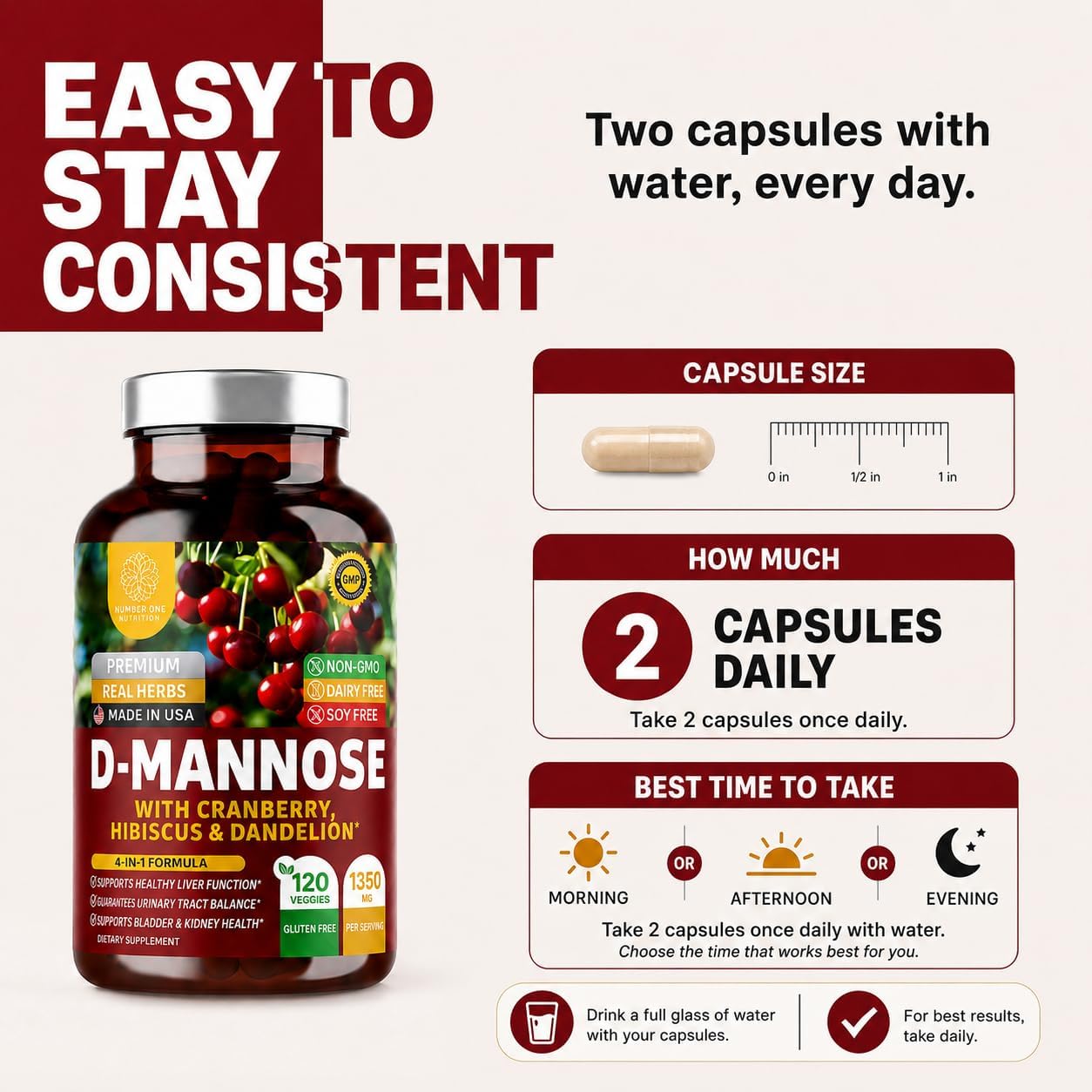 Premium D Mannose Supplement for Women and Men [Max Strength, 1350MG] Natural D-Mannose with Cranberry