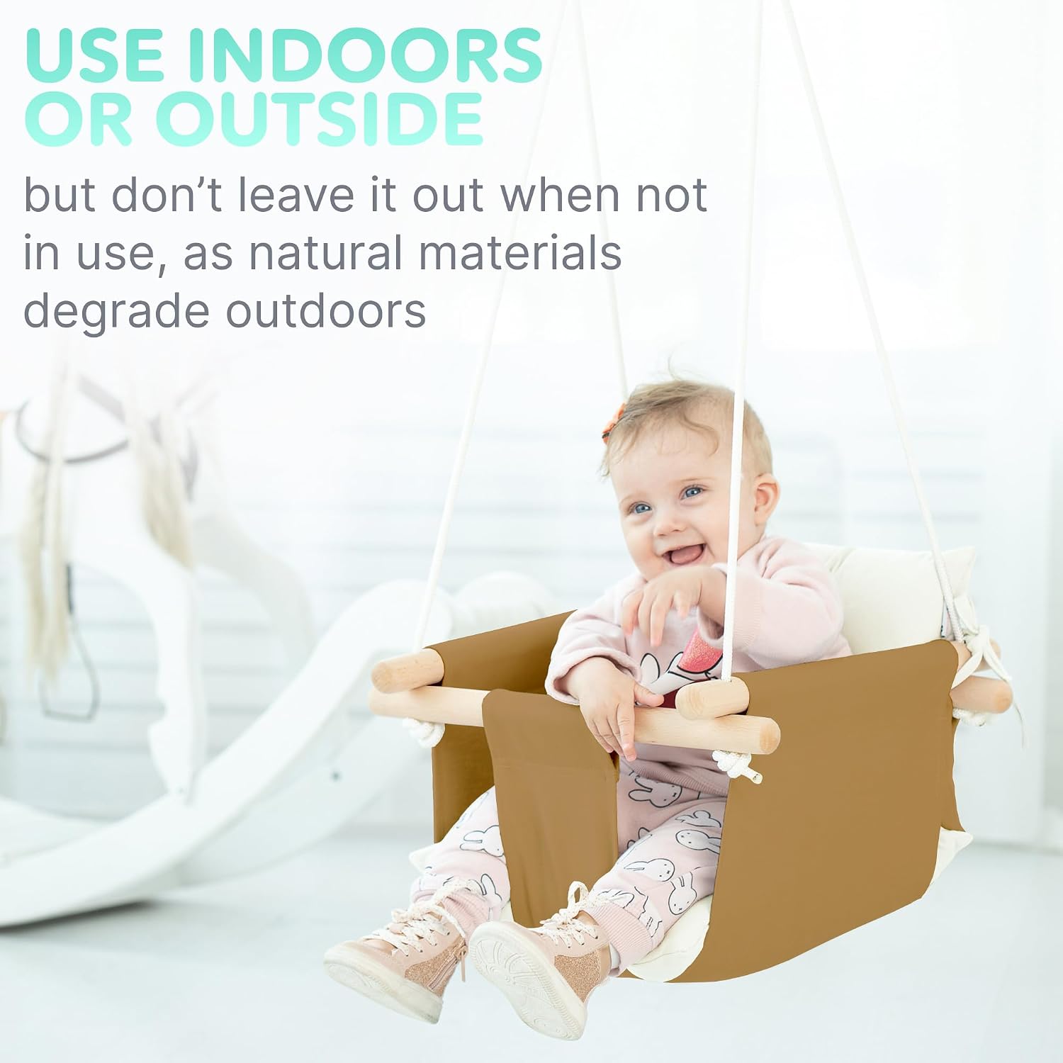 CaTeam Canvas Baby Swing Seat with 5-Point Safety Belt — Wooden Hanging Toddler Swing, Indoor & Outdoor, Ages 1-4, Ceiling Mount Hardware Included