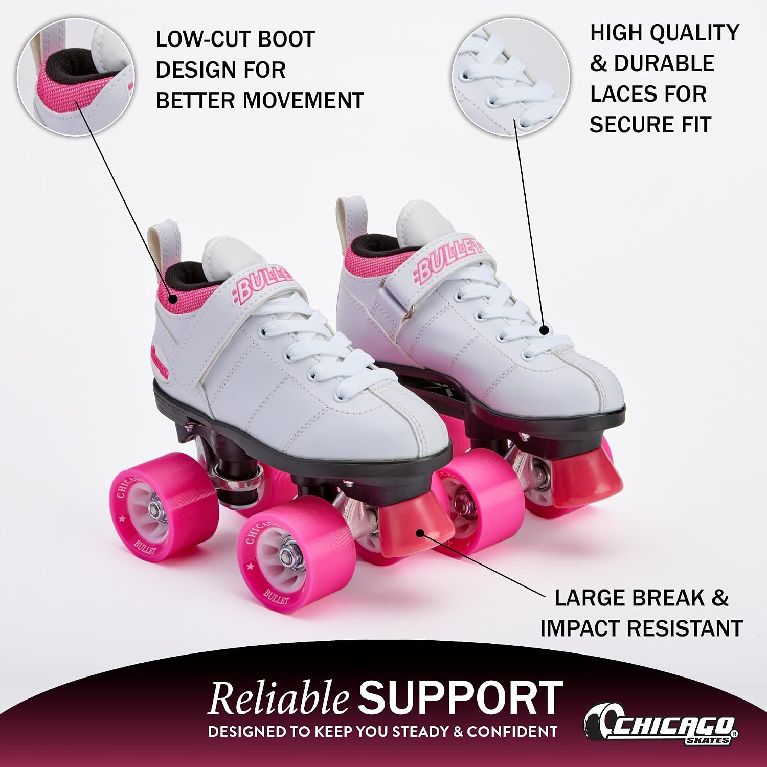 Chicago Skates Bullet Speed Roller Skates – Adjustable Quad Roller Skates Women Men, Durable Skates, Top Performance with Front Stopper, 62mm Urethane Wheels, Low-Cut Ankle Boot, Indoor Outdoor Toys