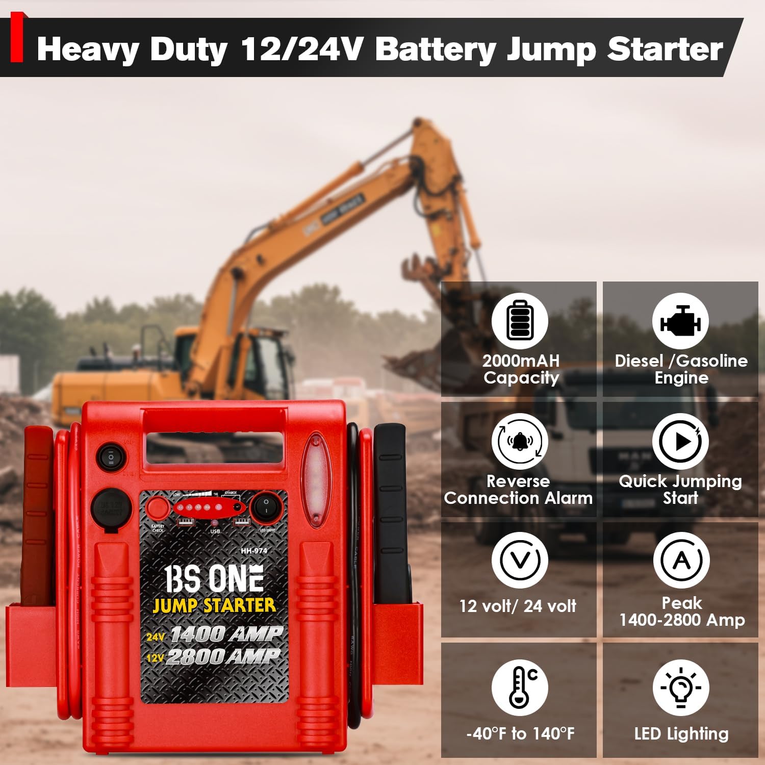24V / 12V Jump Starter, Heavy Duty 1200/2400 Peak Amp Sealed Lead Acid Battery Jump Starter for Car Truck Tractor Excavator