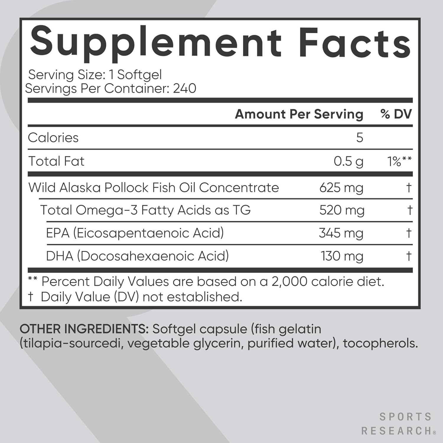 Sports Research® Omega-3 Fish Oil 1250mg from Wild Alaska Pollock,180 Count | Always Fresh Never Fishy | 690mg EPA 260mg DHA per Softgel · Heart & Brain Health* · MSC Certified Sustainable - 180 Servings
