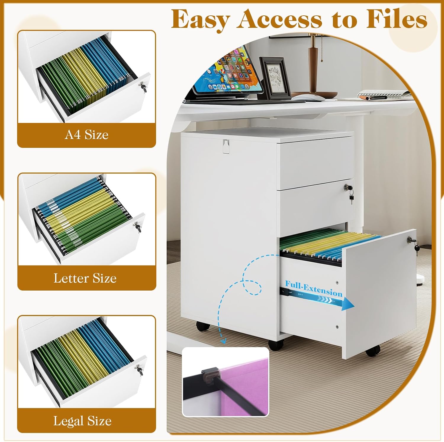 Mobile File Cabinet with 3 Drawers, Wooden Rolling Filing Cabinet with Lock, Under Desk File Organizer for A4/Letter/Legal Size, for Home Office, Study (White)