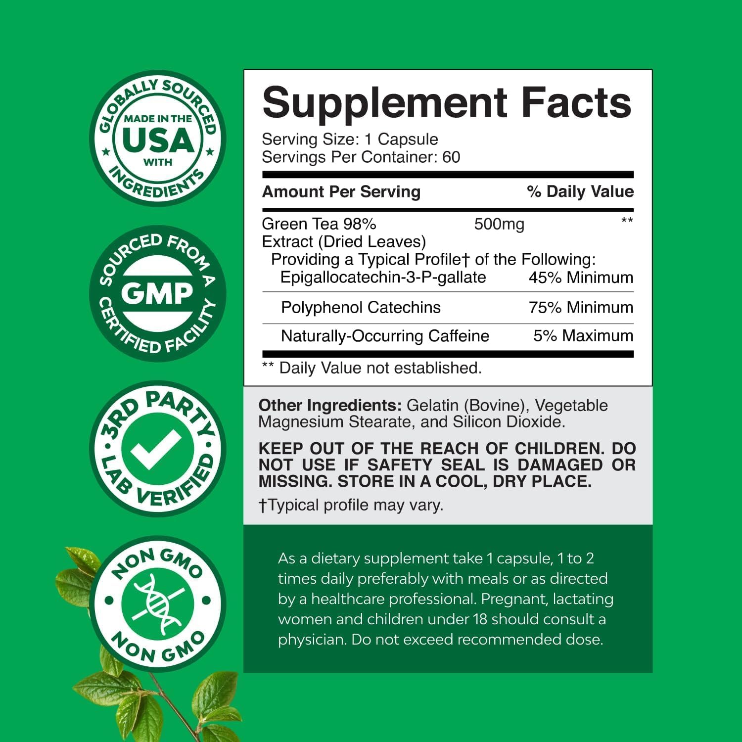 Green Tea Extract Capsules - 500mg Pure Leaf Green Tea Caffeine Supplement - EGCG