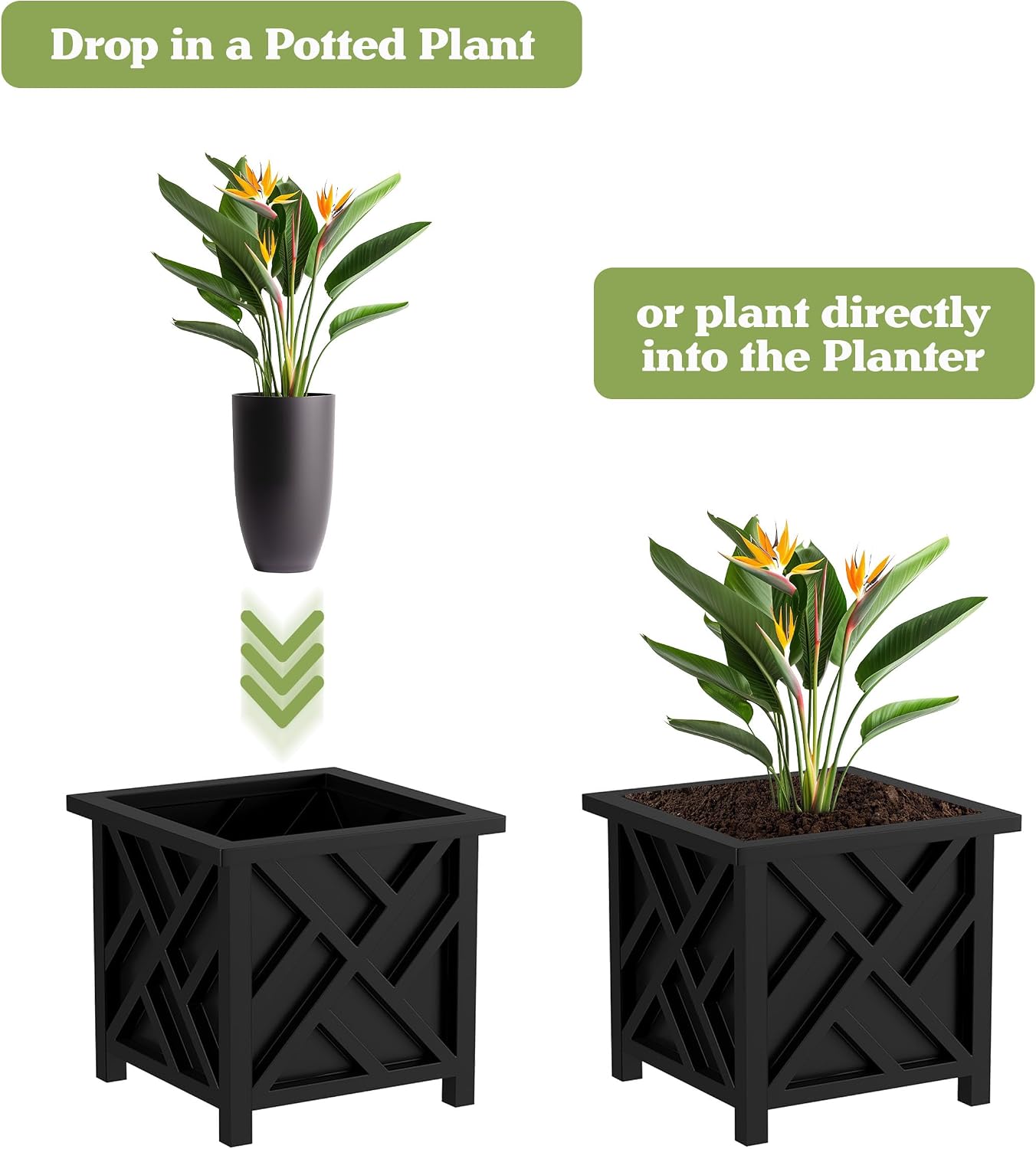 Lattice Design Outdoor Planter Box - 14.75” Square 13” Tall Black Plant Pot - Decorative Plant Pots for Front Porch Decor - Flower Pots Outdoor