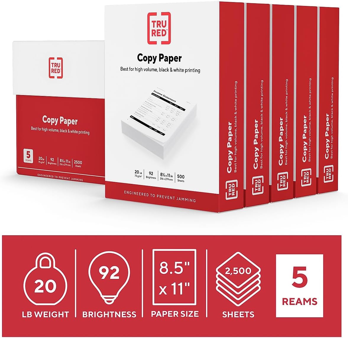 Staples TRU RED Copy & Printer Paper, 8.5 x 11, 20 lb, 92 Bright, 5,000 Sheets/Carton, White Letter Size Paper for Office, School & Home
