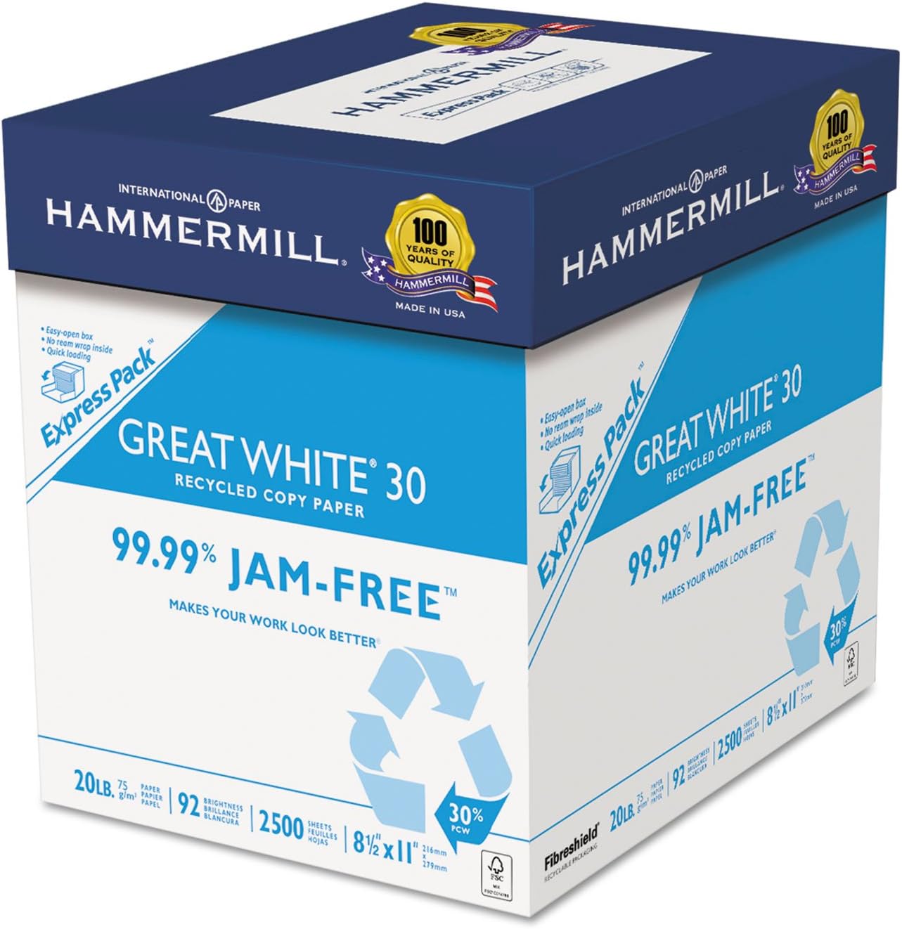 Hammermill Printer Paper, Great White 30% Recycled Paper, 8.5 x 11-1 Ream (500 Sheets) - 92 Bright, Made in the USA, 086710