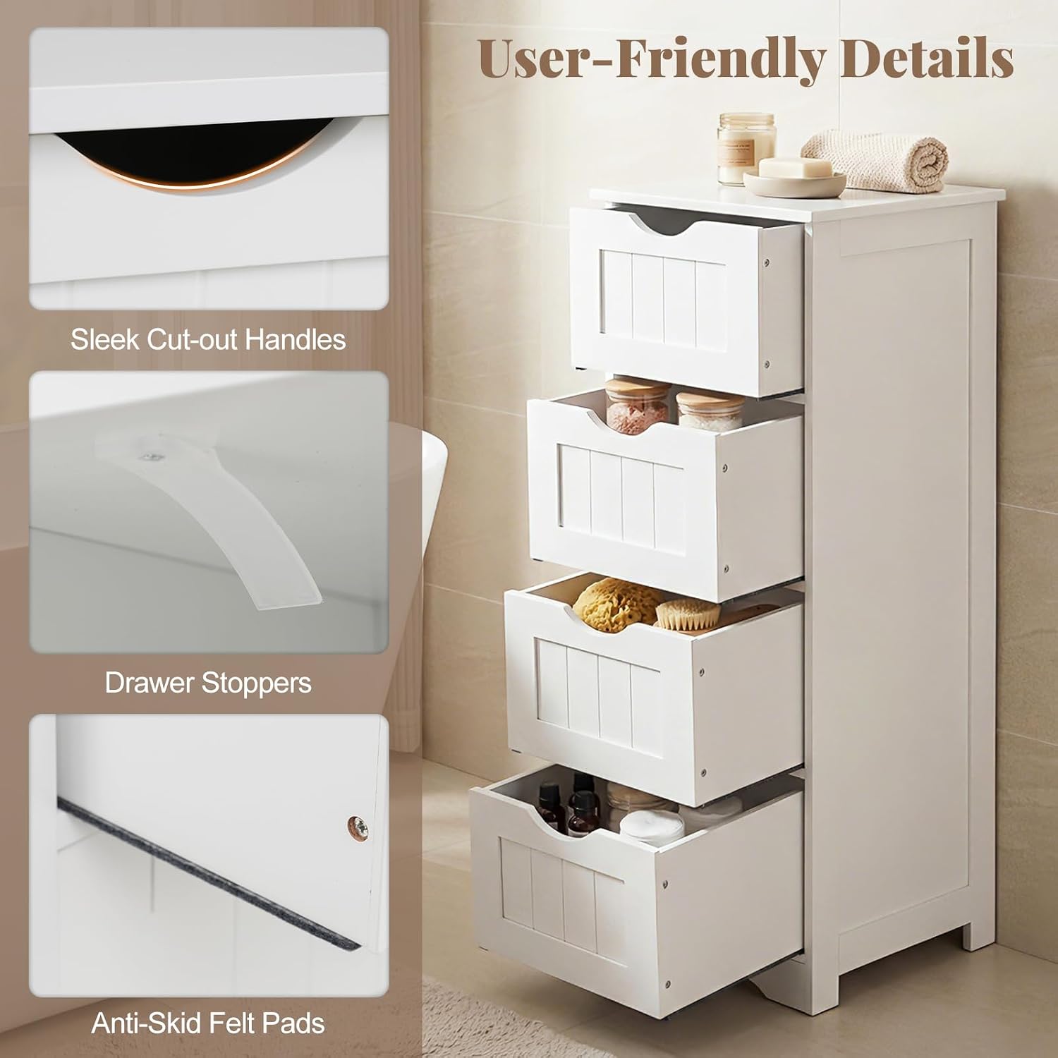 Tangkula Bathroom Floor Cabinet, Freestanding Narrow Side Storage Organizer with 4 Drawers, Multifunctional Towel Cabinet with Anti-Tip Kit for Living Room Laundry Entryway (4 Drawers, White)