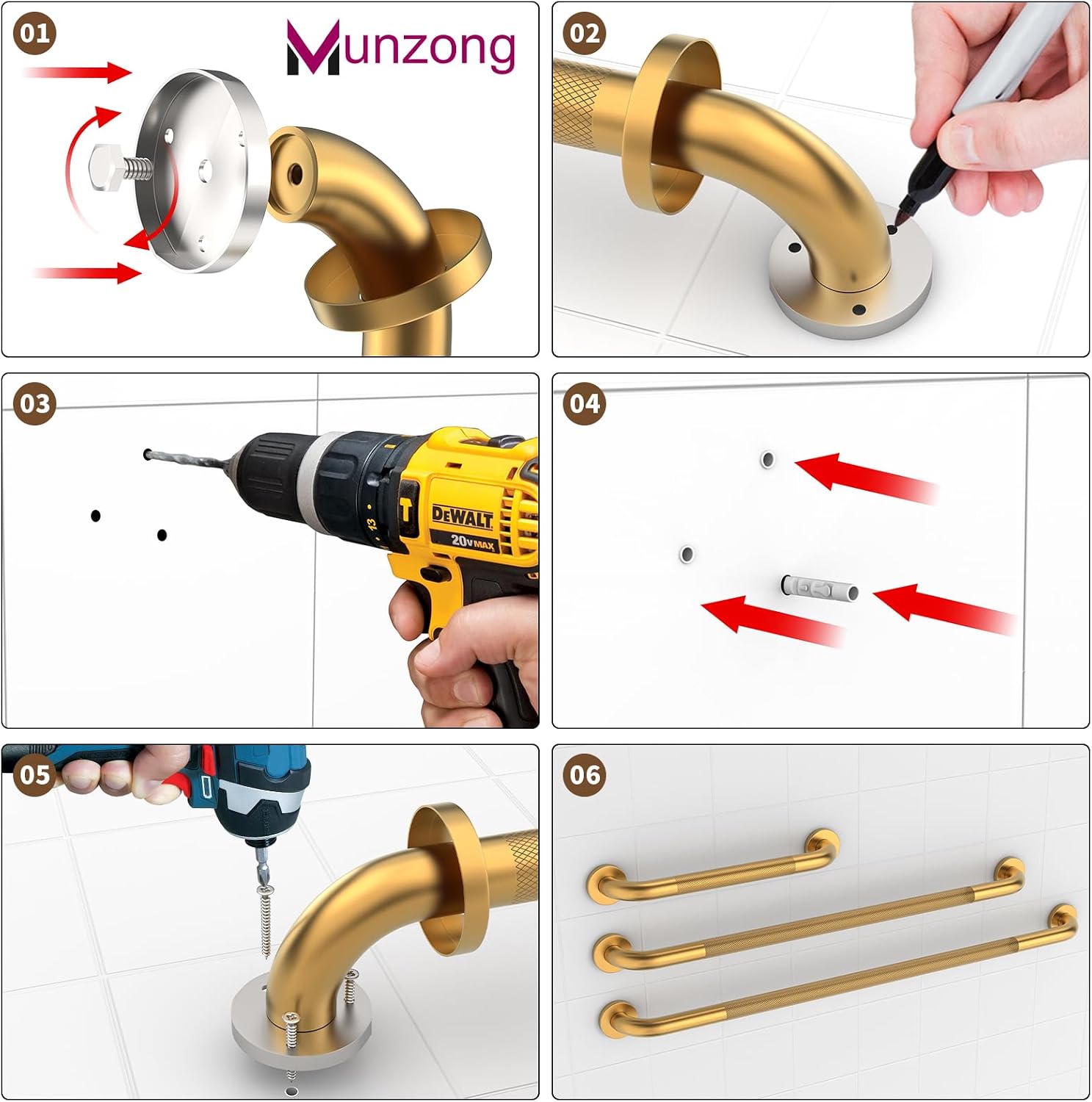 Munzong 3 Pack Commercial Handicap Grab Bars 18" 36" 42" Brushed Nickel | Bathroom Grab Bar for Shower 1.25" Diameter Anti Slip Bathroom Balance Bar Safety Hand Rail for Elderly Injury Senior