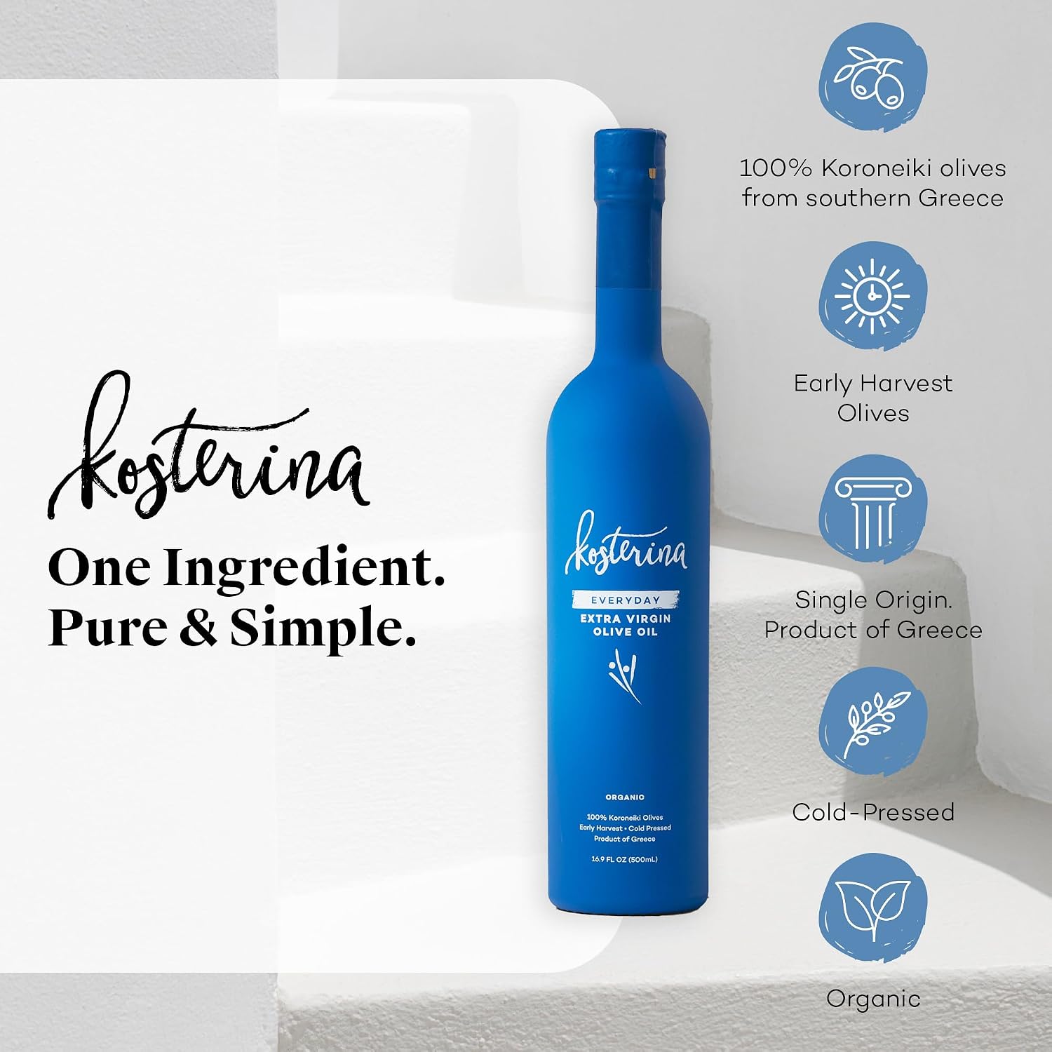 Kosterina Original Extra Virgin Olive Oil, Cold-Pressed EVOO (16.9oz)