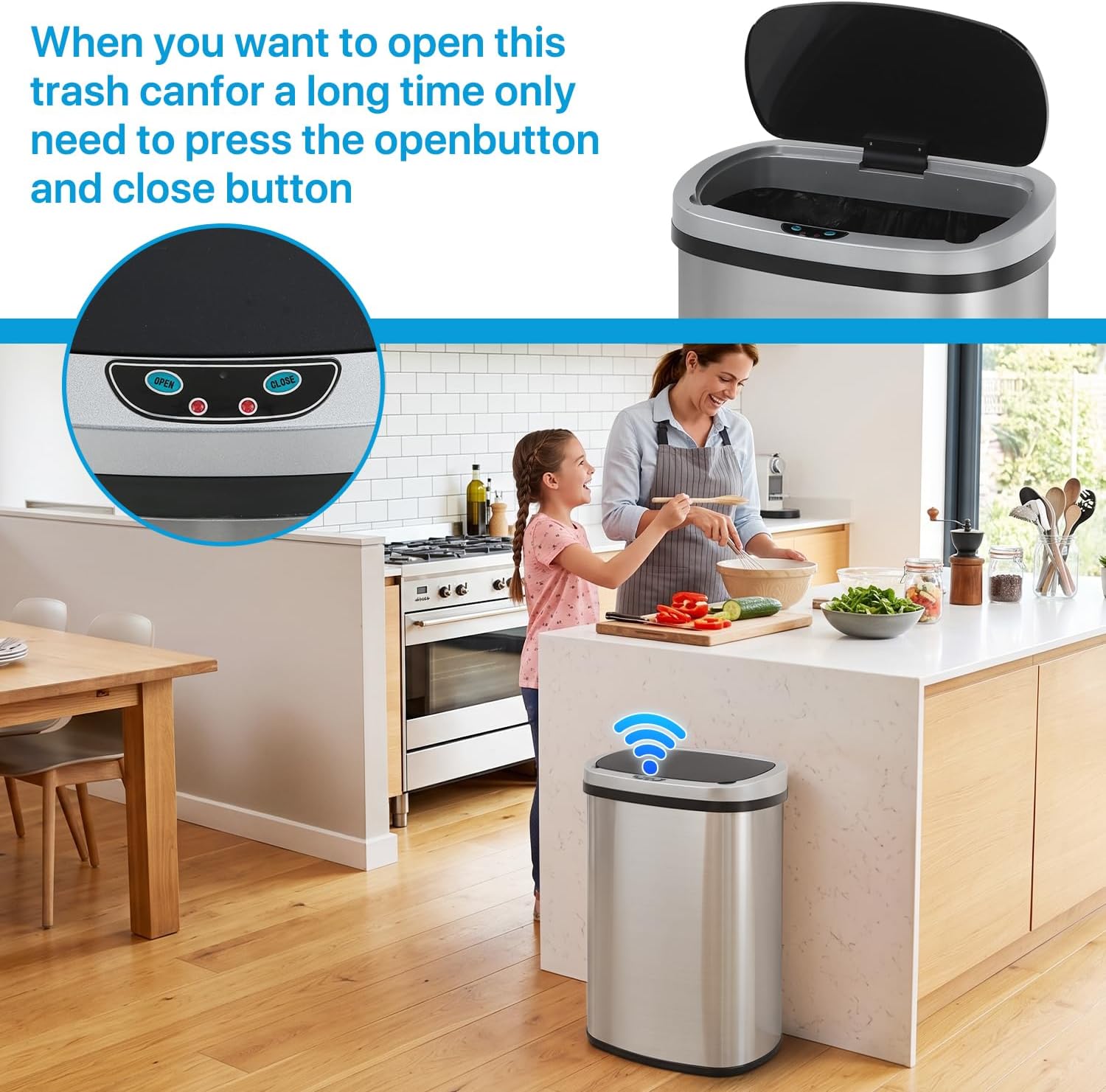 Kitchen Trash Can | Stainless Steel 13 Gallon Trash Can | 50L Touch Free Garbage Can with Lid | Electronic Sensor High Capacity Trash Bin for