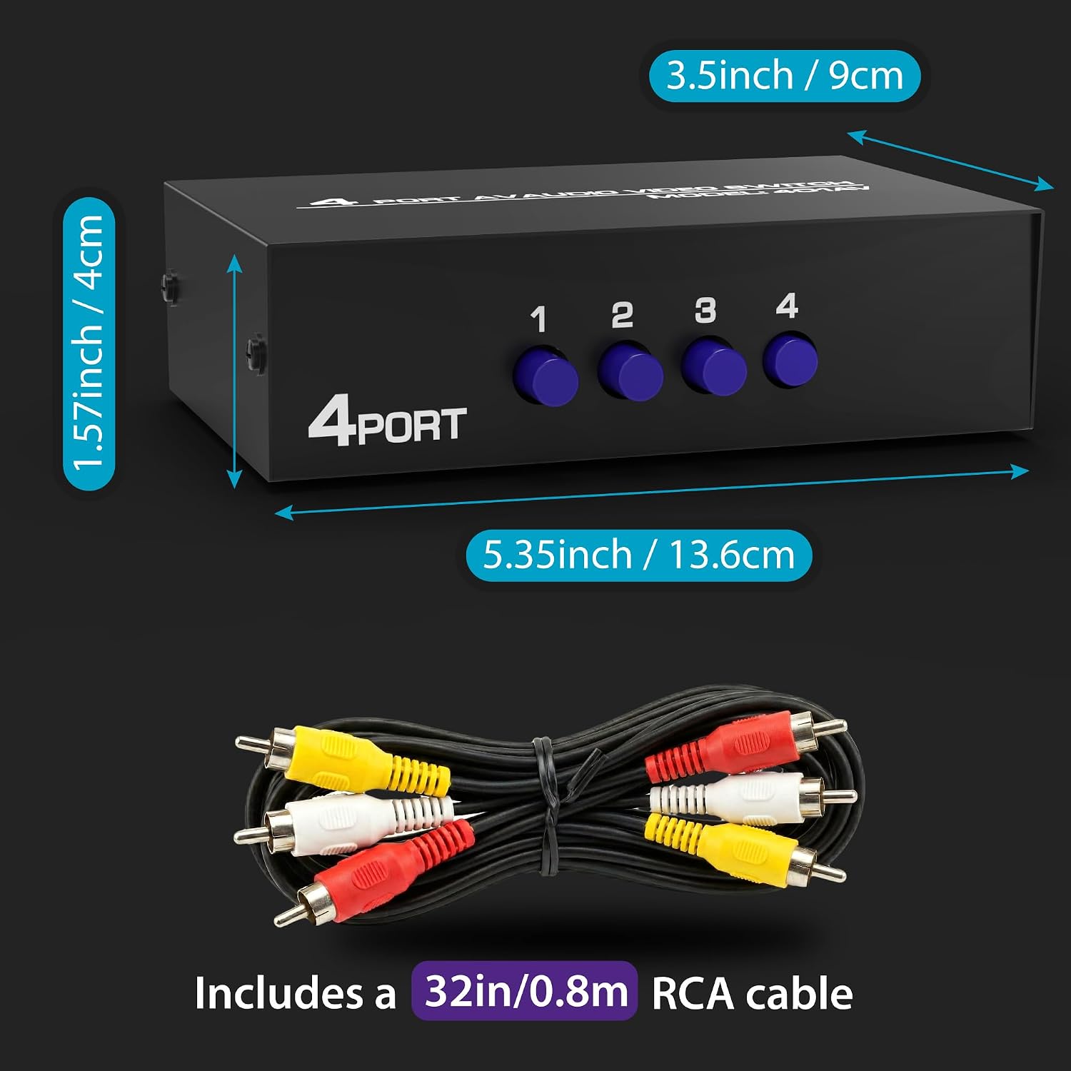 Fosmon 4-Way RCA Splitter AV Switcher 4 in 1 Out Audio Video Selector Box | 4 in 1 out female 4-way RCA composite AV switcher selector switch box with cable for HDTV STB DVD retro game consoles.