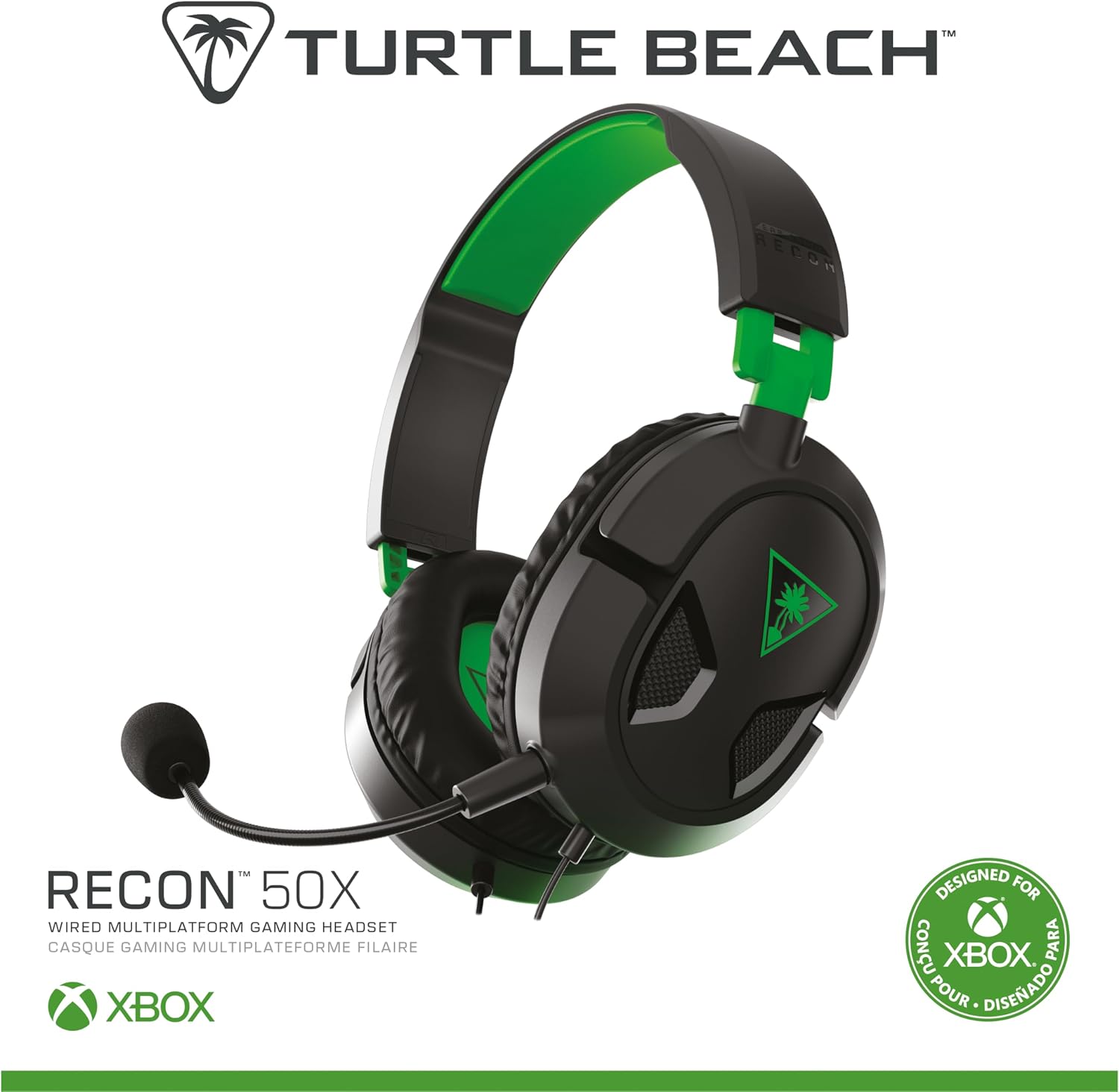 Turtle Beach Recon 50 Wired Multiplatform Gaming Headset for Xbox, PS5, PC | Xbox Series X|S, Xbox One, PlayStation, PS4, Mobile, Removable Mic, 40mm Speakers, In-Line Controls, Lightweight, Black Green