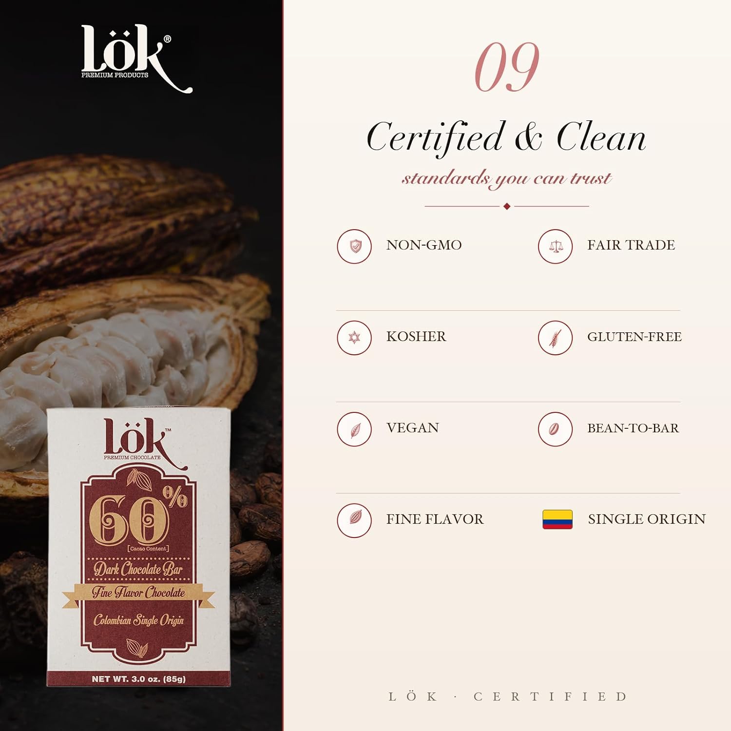Lök Foods Dark Chocolate Bar 100% Cacao | Fair Trade, Kosher, Gluten Free, Vegan, Bean-to-Bar, Sugar-Free, No Sugar Alcohol, No Artificial Sweetener
