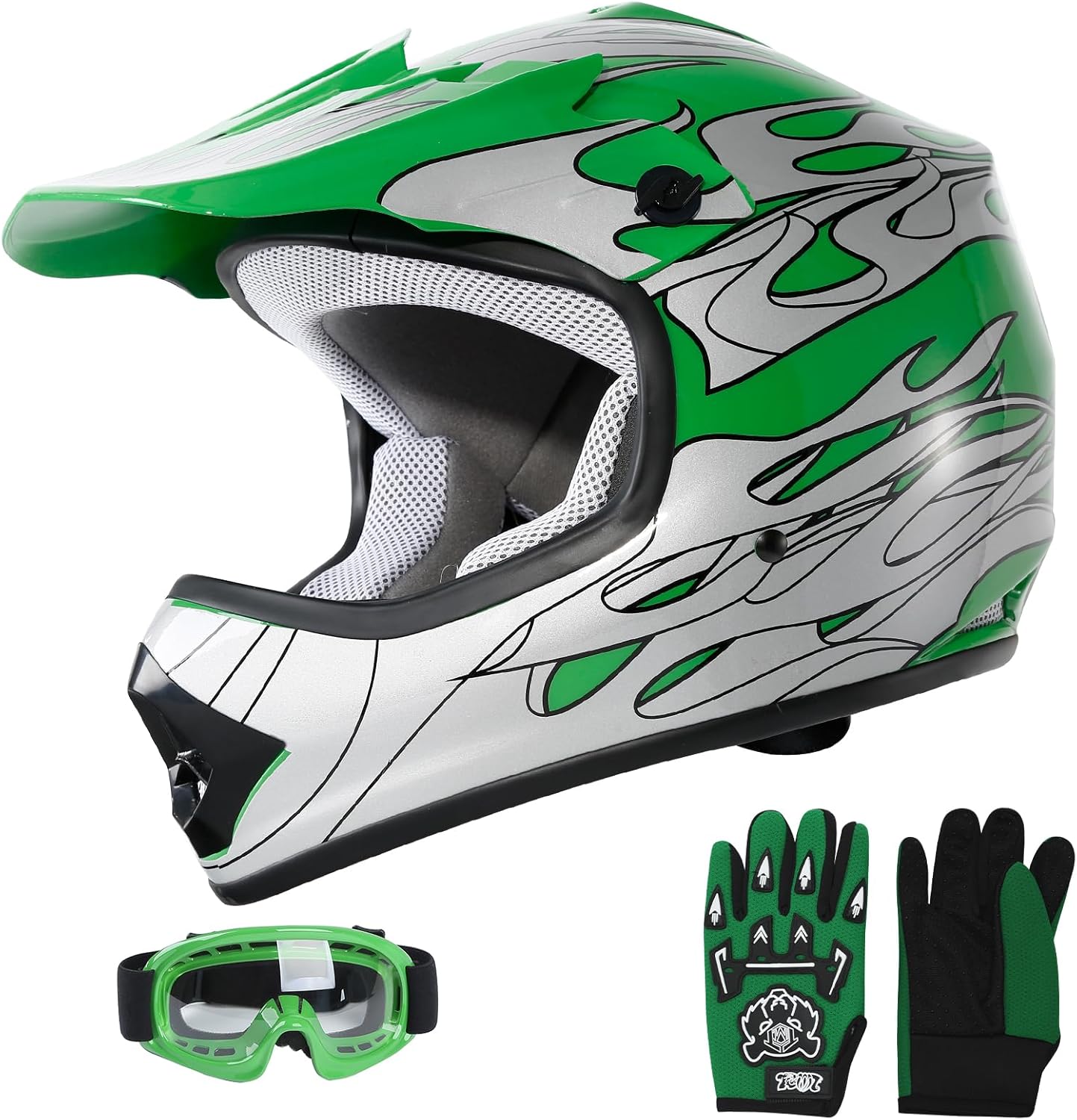 SLMOTO ATV Helmets for Kids Youth DOT Motocross Offroad Street Helmet Motorcycle Blue Helmet Dirt Bike Motocross Helmet+Goggles+Gloves