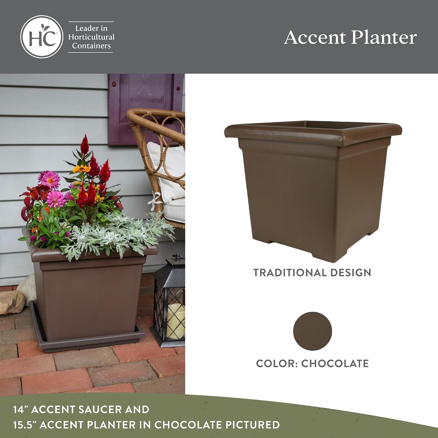 The HC Companies Accent Square Plant Pot w/Drainage - Classic Planters for Outdoor Plants & Indoor Plants - Lightweight & UV-Resistant Square Planter Box (15.5”, Sandstone, Pack of 1)