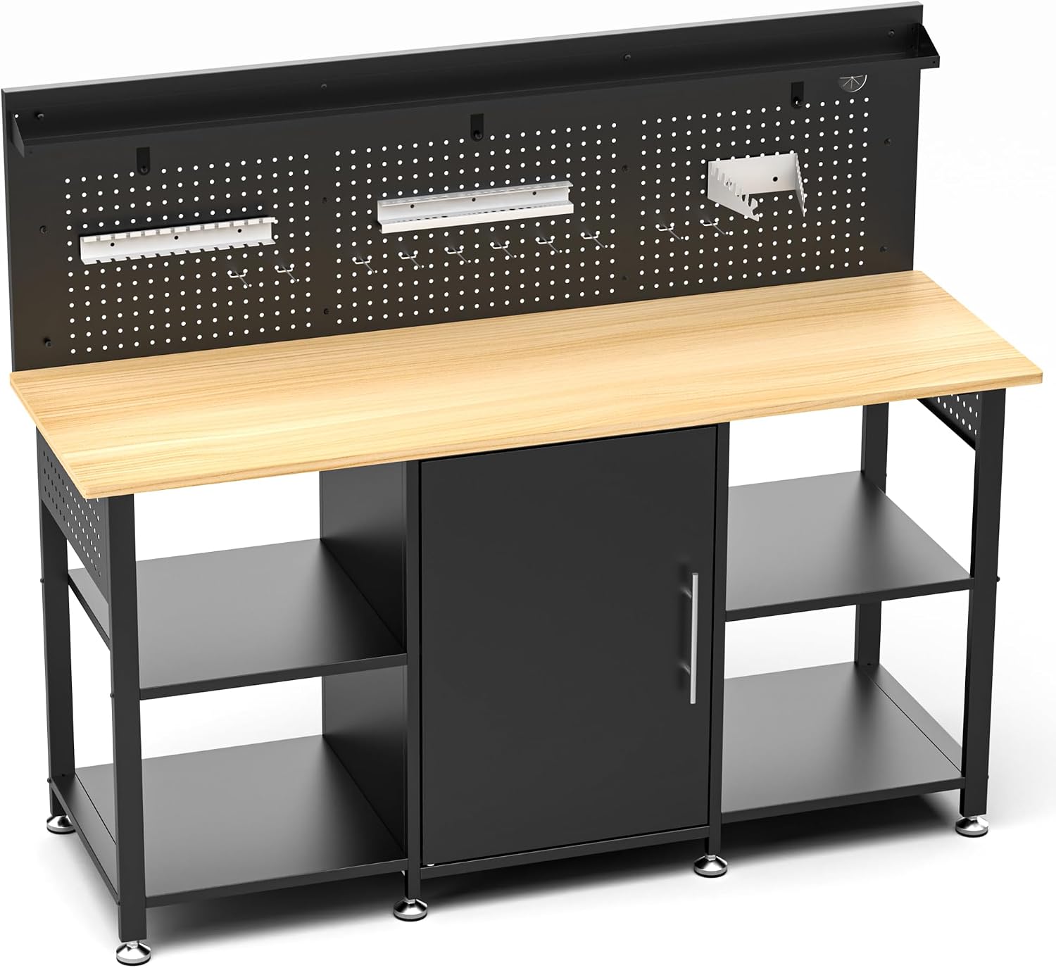 60 Inch Heavy Duty Workbench with Storage Cabinet, Wooden Top, 2000 lbs Capacity, Garage Work Table with Pegboard, Power Outlet, Leveling Feet, Black