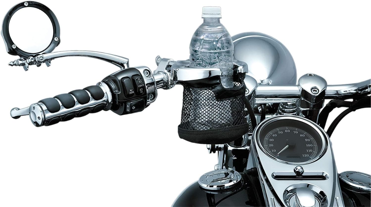 Kuryakyn 1429 Motorcycle Handlebar Accessory: Replacement Drink/Cup Holder with Mesh Basket without Clamp/Mount, Black