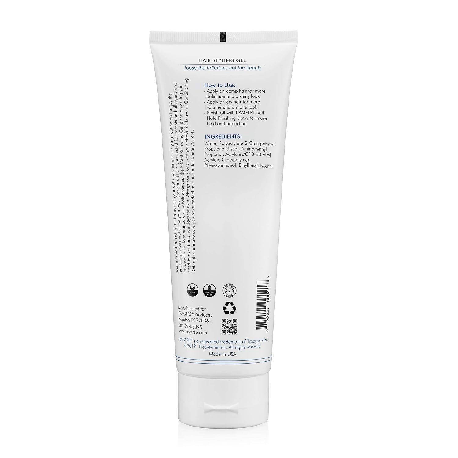 Styling Gel Fragrance Free 8 oz Medium Hold - Hair Styling Gel for Sensitive Skin - Hypoallergenic Parabens Free - Gluten Free Vegan Cruelty Free
