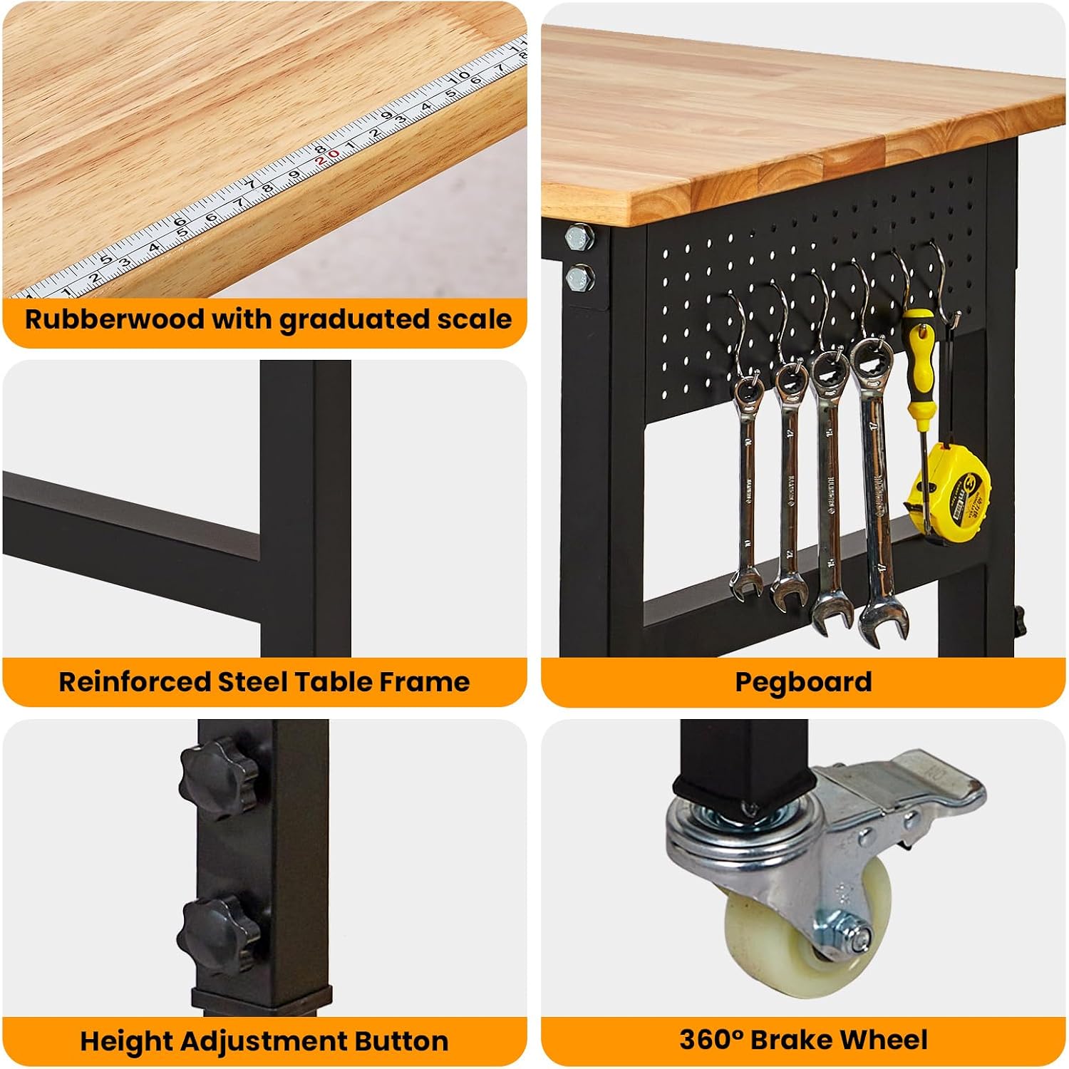 48" Adjustable Workbench, 8-Level Height Adjustable Rolling Work Table with Casters & Scale, Sit & Stand 2-in-1 Garage Tool Table with Pegboard & Hooks, for Workshop, Warehouse, DIY Projects