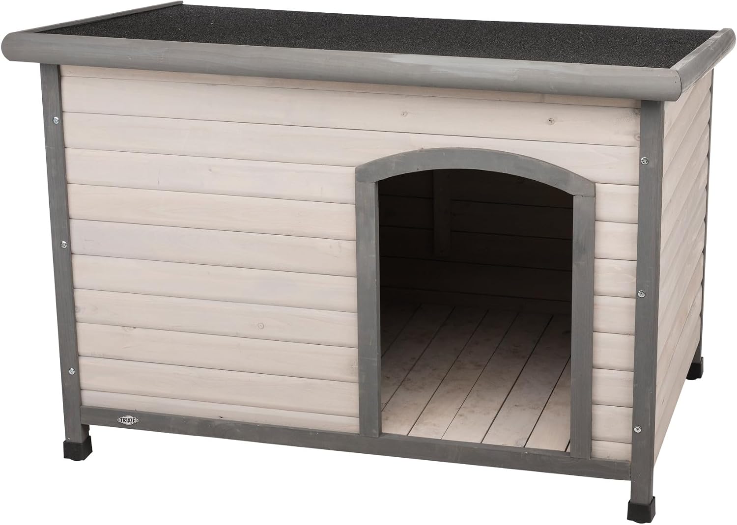 Trixie Natura Classic Dog House - Wooden Outdoor Shelter with Weatherproof Sealer, Hinged Roof & Adjustable Legs for Medium Dogs - Gray - 27 x 41 x 28.5 in