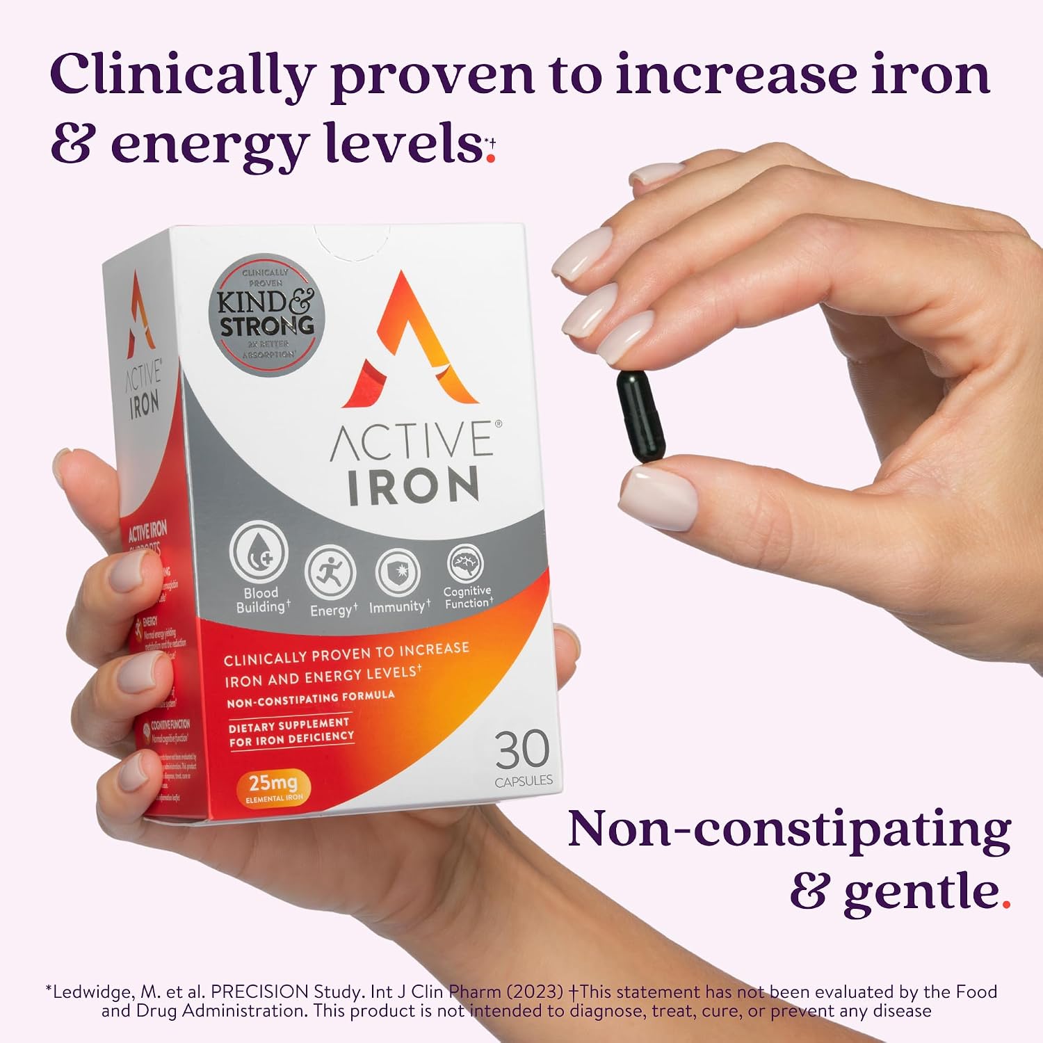 Active Iron Supplement 25mg, Clinically Proven to Increase Iron, Gentle | Optimum Absorption Iron Pills, Increases Energy Levels, Non-Constipating, Avoids Nausea, 60 On-the-Go Foil Protected Capsules