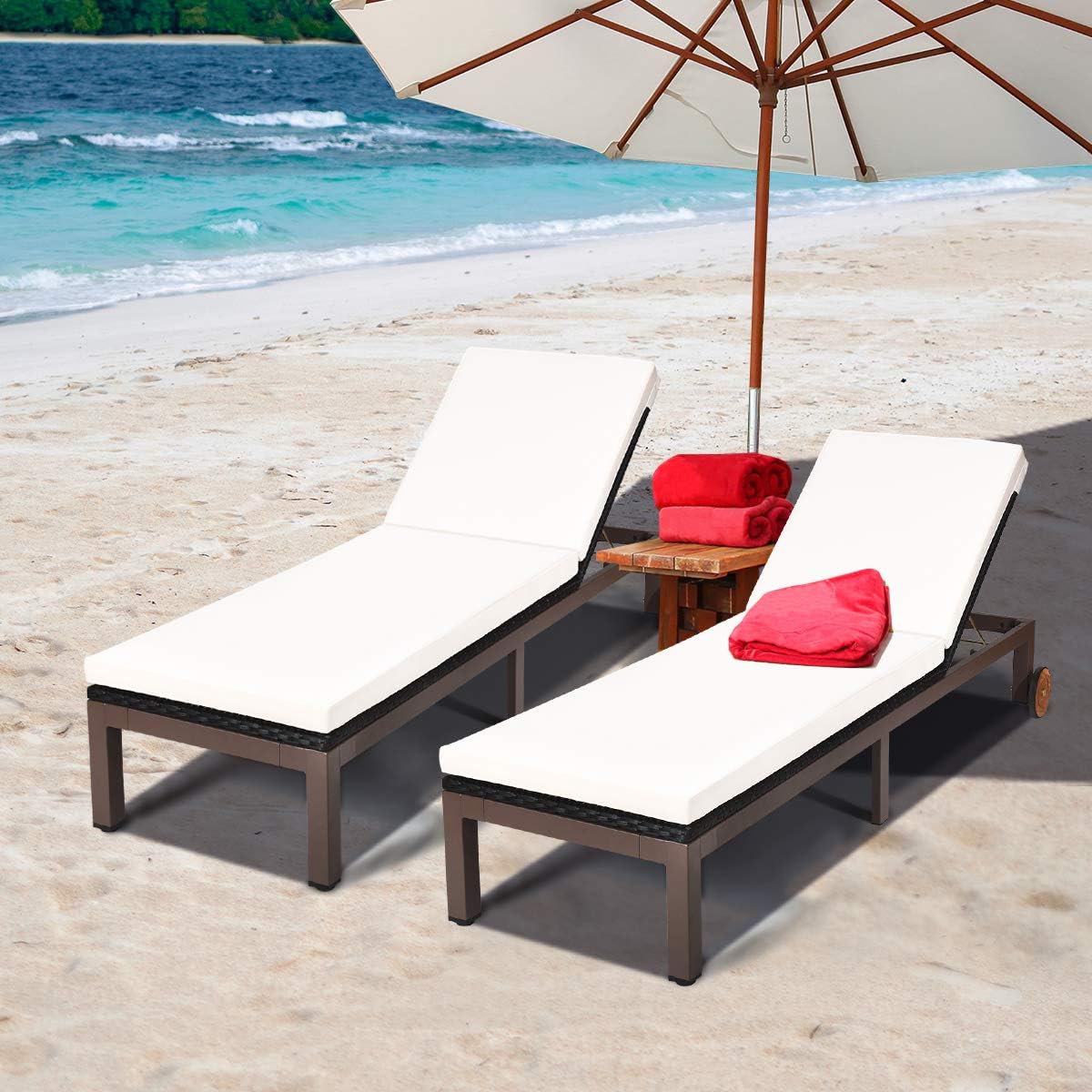 Tangkula Patio Chaise Lounge Chair, Outdoor Rattan Lounger Recliner Chair with Wheels, Wicker Chaise Chair W/Cushioned Seating