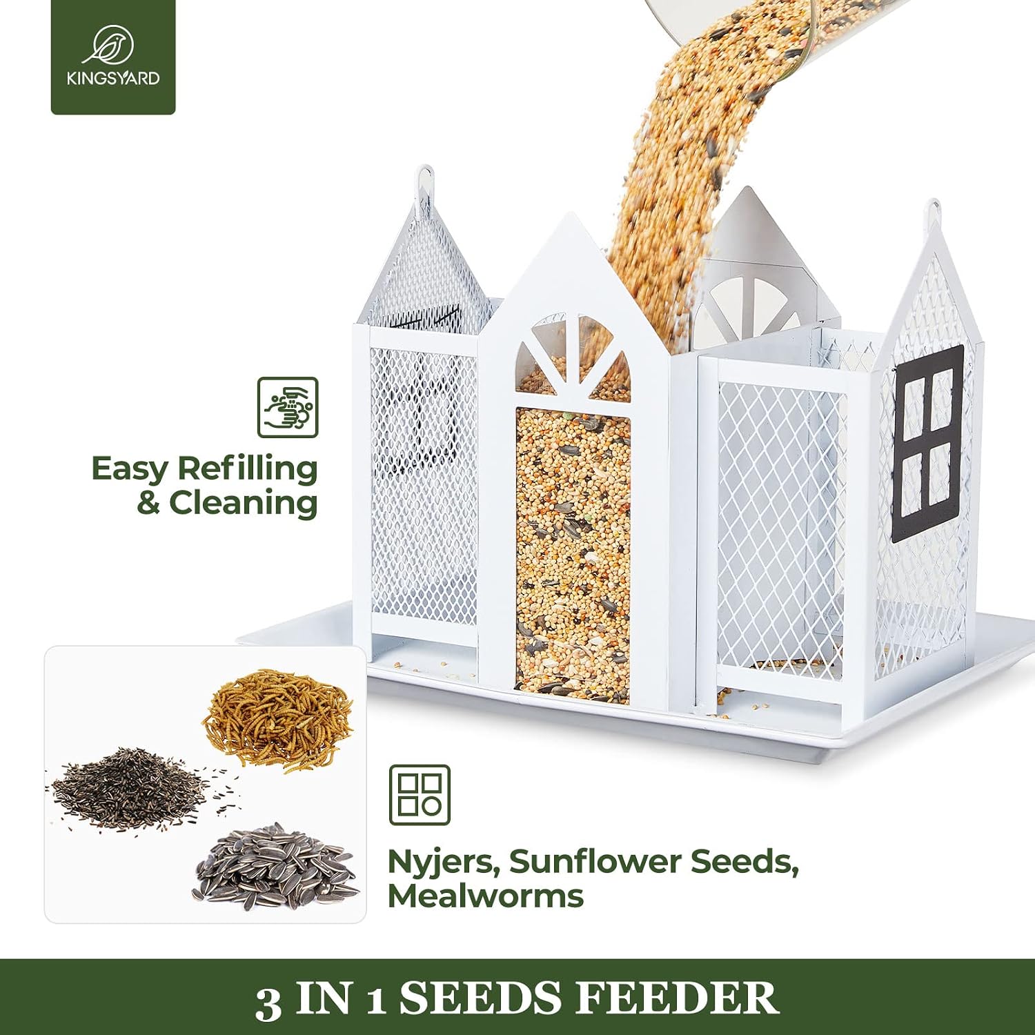 Kingsyard Bird Feeder House for Outside, Metal Mesh Wild Bird Feeder with Triple Feeders for Finch Cardinal Chickadee, Large Capacity